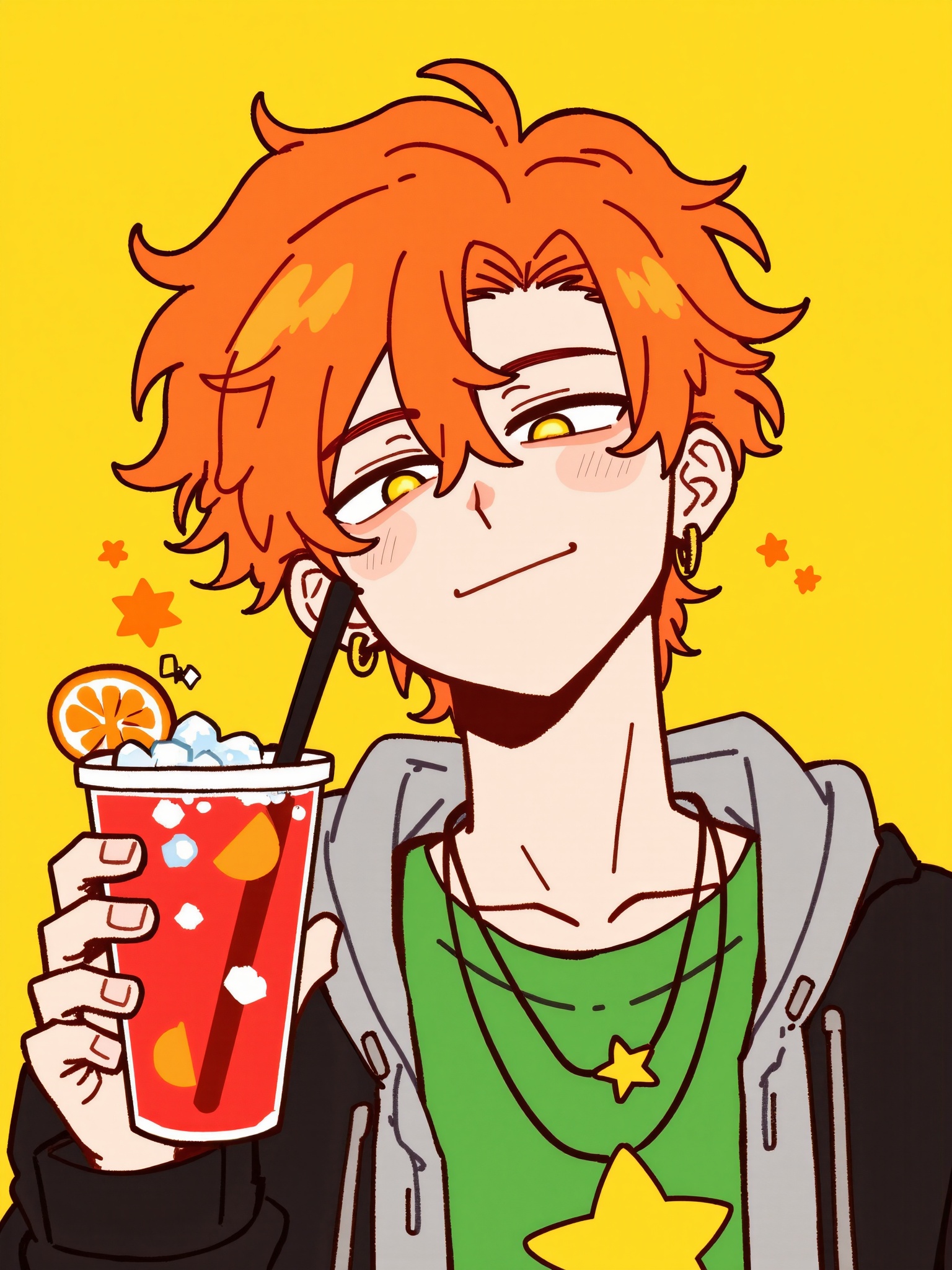 <lora:动漫头122:0.8>,anime style,a young man with short orange hair   his hair is fluffy and curly   his eyes are half-closed   and he has a proud expression. He is wearing a black jacket   with a green T-shirt underneath   and a yellow star necklace around his neck. In his right hand   he holds a red drink   with a straw and ice cubes   along with orange slices as decorations   looking very delicious. The background is yellow.,