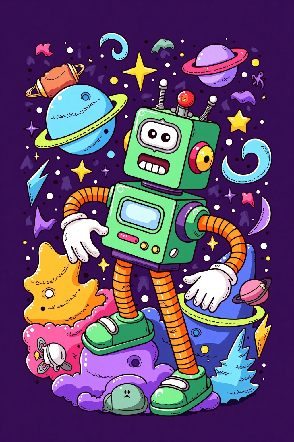 A vibrant,colorful digital illustration featuring a whimsical,cartoonish robot with a green body,orange limbs,and white gloves,surrounded by a chaotic array of planets,spaceships,and comets in a cosmic setting. The background is a deep purple with stars and sparkles,creating a playful,surreal atmosphere,