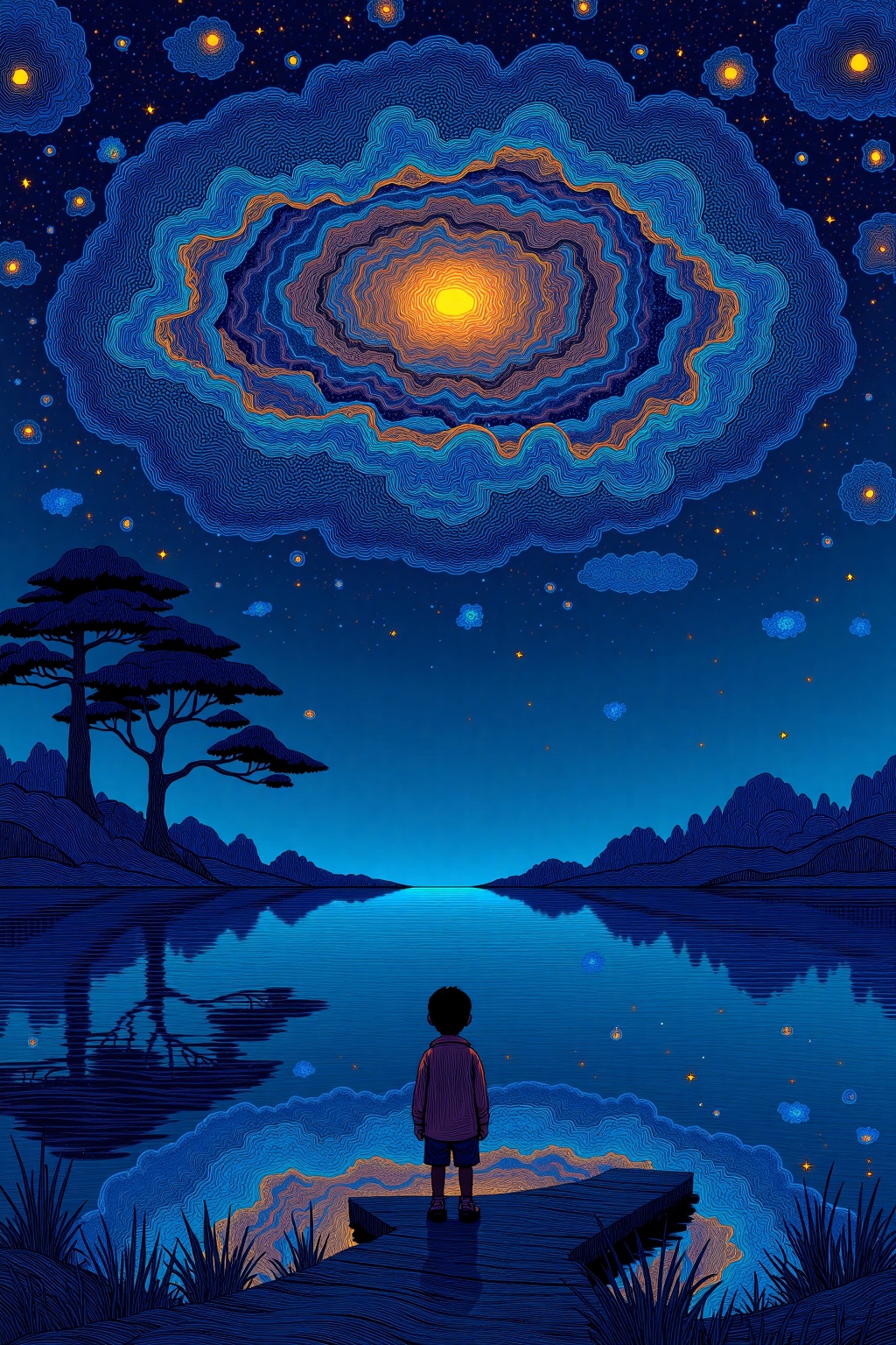 beijihui,boy standing by starlit lake, facing galaxy reflection, serene and quiet atmosphere
