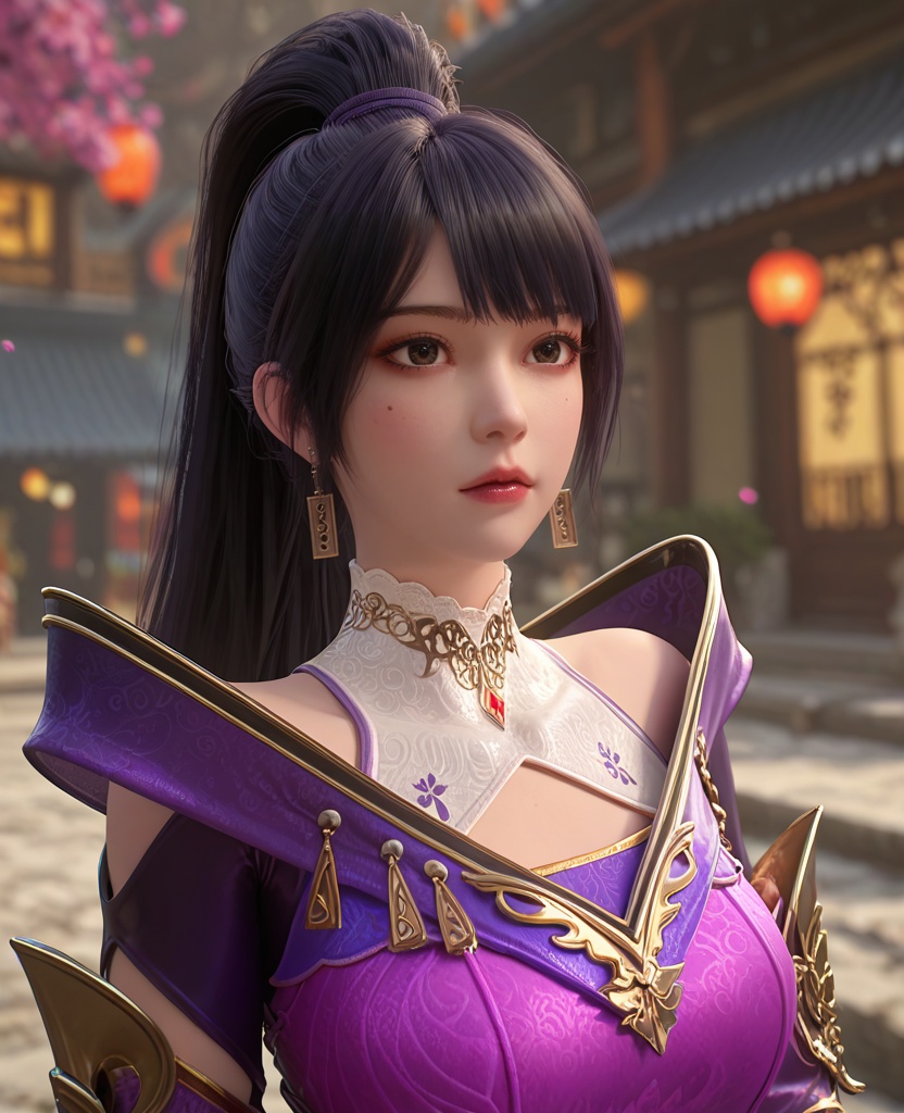 (oriental architecture, elegant decor, sophisticated style:1.1),(toe-point:1.1),(breasts:1.2),<lora:XL百炼成神莫雨馨:0.95>,miss moyuxin,black hair,jewelry,mole,ponytail,earrings,armor,long hair,purple armor,bangs,large breasts,, zPDXL2, score_9, score_8_up, score_7_up BREAK realistic, masterpiece,best quality, highly detailed,, zPDXL3, zPDXL2,zPDXL, zPDXLxxx, zPDXLrl,