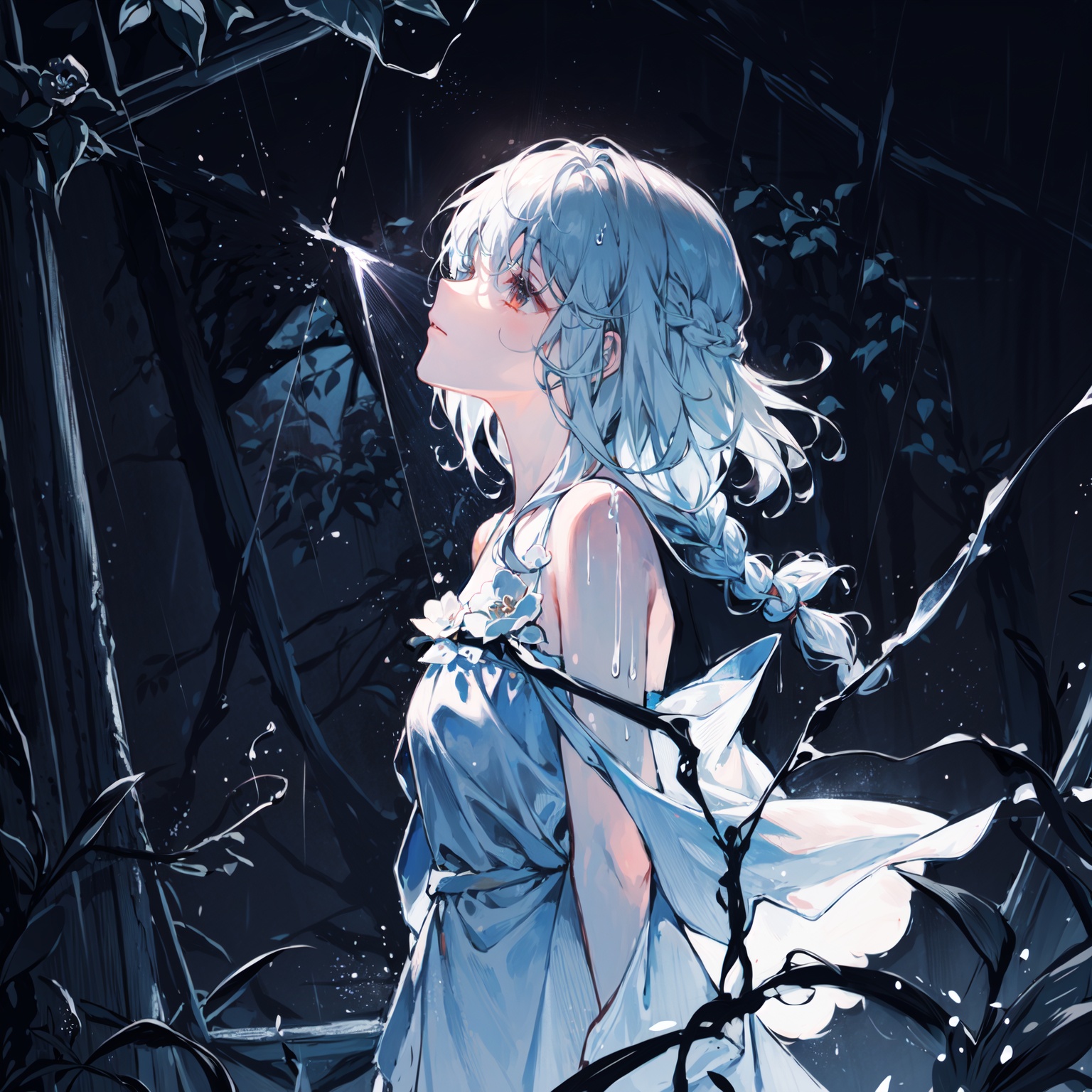 late at night,dark, light rain,dark, limited palette, contrast, phenomenal aesthetic, best quality, sumptuous artwork, (masterpiece), (best quality), (ultra-detailed), (((illustration))), ((an extremely delicate and beautiful)), (detailed light), light rain,dark,(((camellia))), camellia, camellia,vines, forest, ruins, Blurred picture, lens flare, hdr, Tyndall effect,damp,wet, 1girl, bare shoulders, broken glass, broken wall, white hair, blinking, white dress, closed mouth, constel lation, flat color, braid, blinking, white robe, float, closed mouth, constel lation, flat color, looking up, standing, medium hair, standing, solo