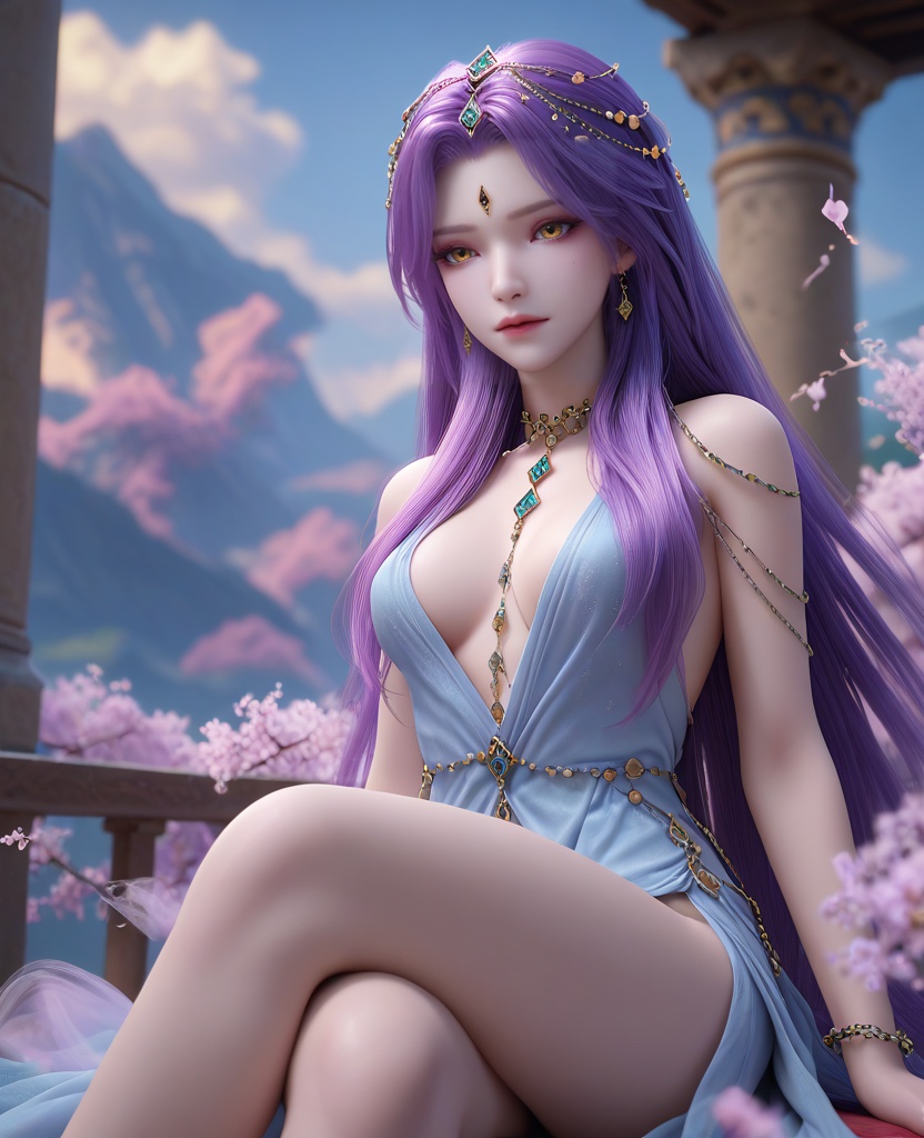 (oriental architecture, elegant decor, sophisticated style:1.1),sitting, crossed legs,(breasts:1.2),<lora:XL完美世界仙胎女子:0.95>,1girl,mist-formed gown,clouds and mist cover the body,veiled by a wisp of cloud,dress of mist and cloud,yellow eyes,forehead jewel,purple hair,long hair,hair ornament,jewelry,head chain,necklace,, zPDXL2, score_9, score_8_up, score_7_up BREAK realistic, masterpiece,best quality, highly detailed,, zPDXL3, zPDXL2,zPDXL, zPDXLxxx, zPDXLrl,