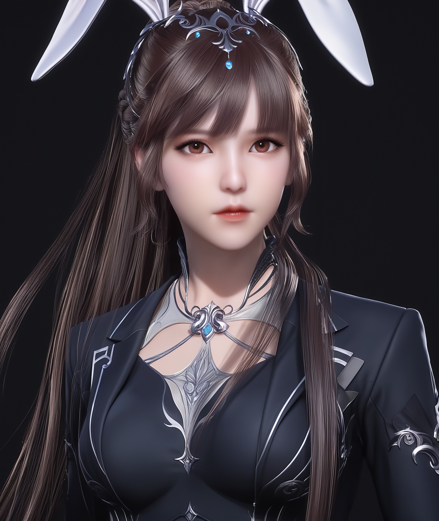 masterpiece,best quality,absurdres,highres,BREAK(glamor:1.1),slender,1girl,solo,<lora:小舞-ill:0.83>,long hair,brown hair,hair ornament,ponytail,bunny ears,brown eyes,jewelry,braid,suit,white_shirt,blazer,skirt,skirt_suit,looking at viewer,front view,light blush,upper body,BREAKsimple background,black background,depth of field,