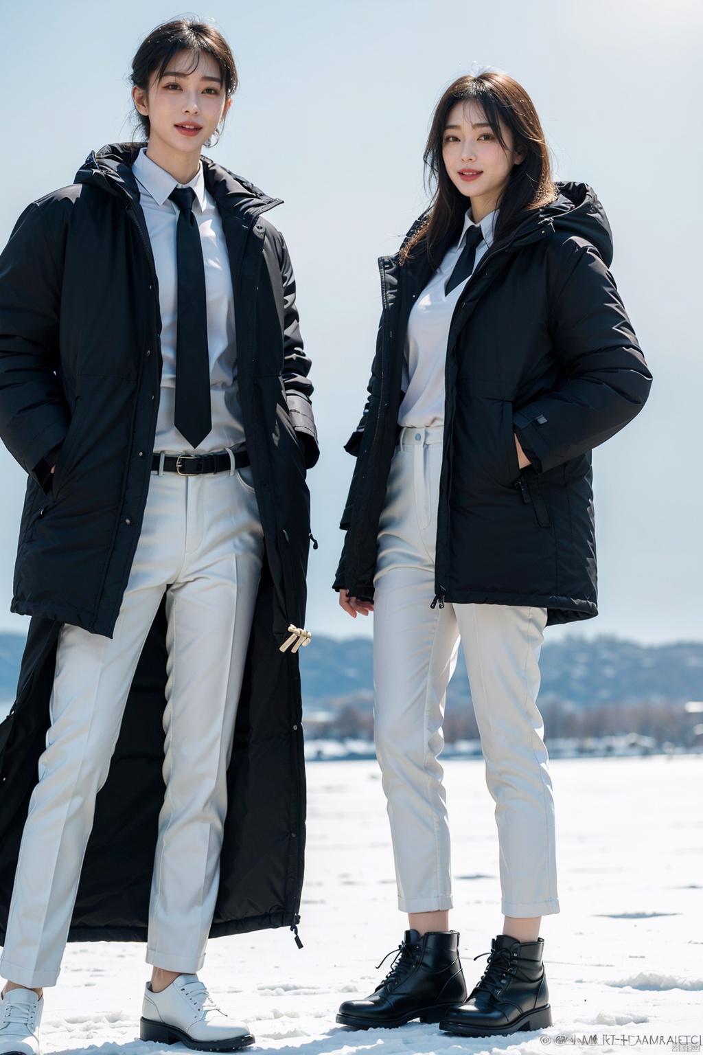 fullbody,2 people,1 girl, 1 boy,crazy smile,Studio Lighting,Wear the same Black parka,(Middle length Black parka:1.3),Slim fit parka,White shirt,Appear thin,necktie,Black pencil pants,Good lightingBy Lake Baikal,Snowy scenery,Black socks,Heavy snow is falling profusely,Bright sunshine,standing, Winter Lake Background,The dazzling sunshine at noon(8k, RAW photo, best quality, masterpiece:1.2),(realistic, photo-realistic:1.37),photon mapping,professional lighting,radiosity,trousers,Simple background,mature female,Mature males,Cusp high-heeled shoes,High top leather shoes,(in winter:1.3),(photorealistic:1.2),(film grain:0.2),((Depth of field)),spoken flying sweatdrops,official art,Best quality,masterpiece,((photorealistic:1.4)),extremely delicate,intricate details,best shadow,HD photos,slr,8k,hyperdetailed,(soft light), standing,rich in detail,(exposure blend:1.3)<lora:EMS-90581-EMS:0.300000>, <lora:EMS-360109-EMS:0.800000>