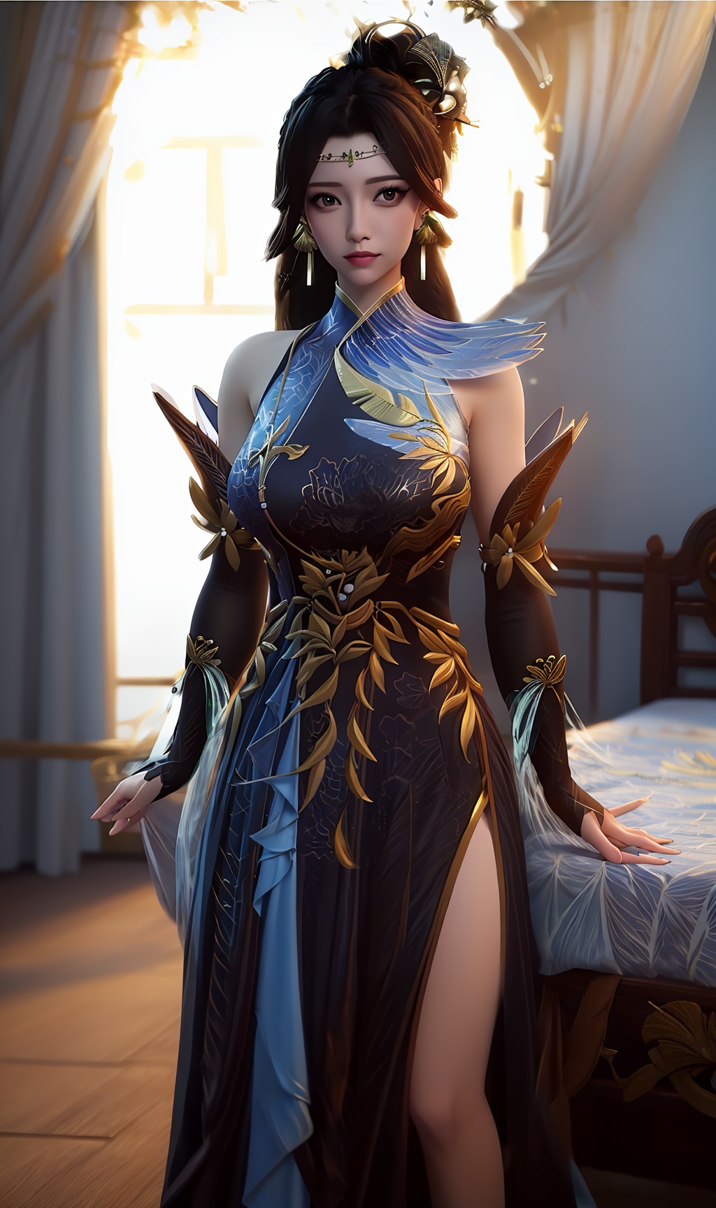 3D,masterpiece,(best quality),(makeup),official art, extremely detailed cg 8k wallpaper,((crystalstexture skin)), (extremely delicate and beautiful),(highly detailed),(braided_hair),(hairpin),(1girl), (solo), (jewelry), (earrings),(black_hair),(long_hair),(hair_ornament),(handwear),(breasts),(standing),(collar),,(upper_body),(multicolored_clothes),(multicolored_dress),(chinese_clothes),(adapted_costume),(sunshine, outdoor,bed),((looking_at_viewer)),((Facing the camera)),, <lora:hipoly3DModelLora_v10:0.3>