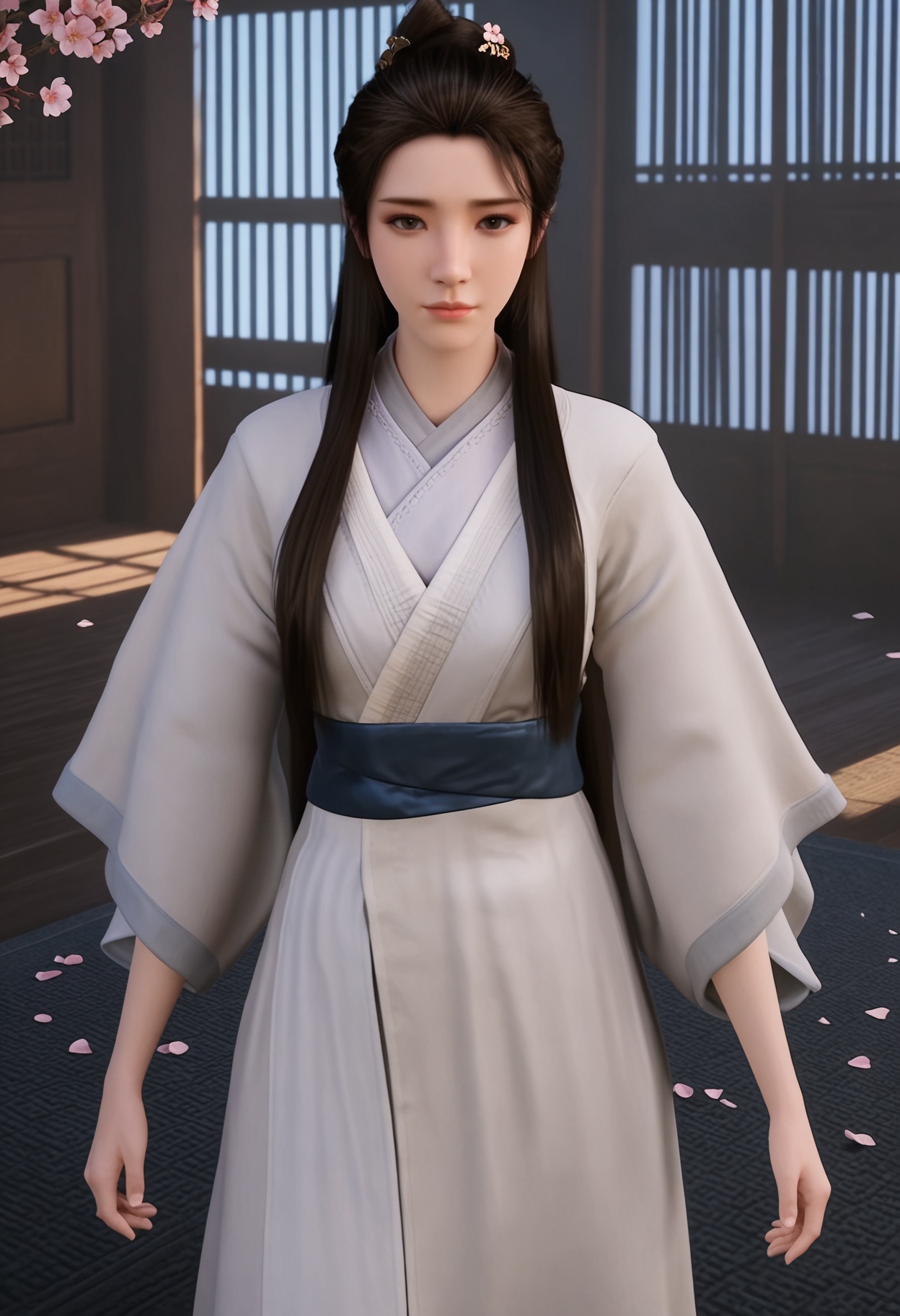 (full_body:1.1),(looking at viewer:1.1),masterpiece,(best quality),smog,Dark room,dim lighting,peach blossom,falling petals,<lora:YQ_Illustrious光辉v5_辛如音_V1:0.8>,q1528437228,1girl,solo,long hair,chinese clothes,hanfu,white dress,black hair,brown hair,hair ornament,brown eyes,sash,hair bun,hair flower,black eyes,braid,ponytail,forehead,jewelry,