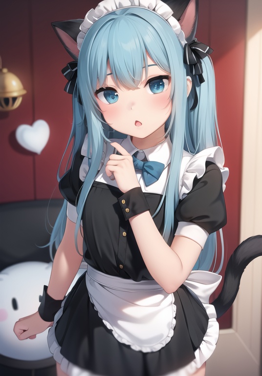 (best quality), ((masterpiece)), (highres), illustration, original, extremely detailed wallpaper. <lora:cutegirl:0.6> 1girl, apron, puffy short sleeves, solo, short sleeves, white apron, cat tail, puffy sleeves, dress, cat ears, animal ears, frilled apron, black dress, tail, blue eyes, bell, cat girl, tail bell, long hair, jingle bell, parted lips, bangs, blue hair, wrist cuffs, hand up, tail ornament, maid headdress, maid, waist apron, hair between eyes, very long hair, bow, blue bow, frills, tail bow, looking at viewer, collared dress, :o, heart, tail raised, blush, two side up, maid apron