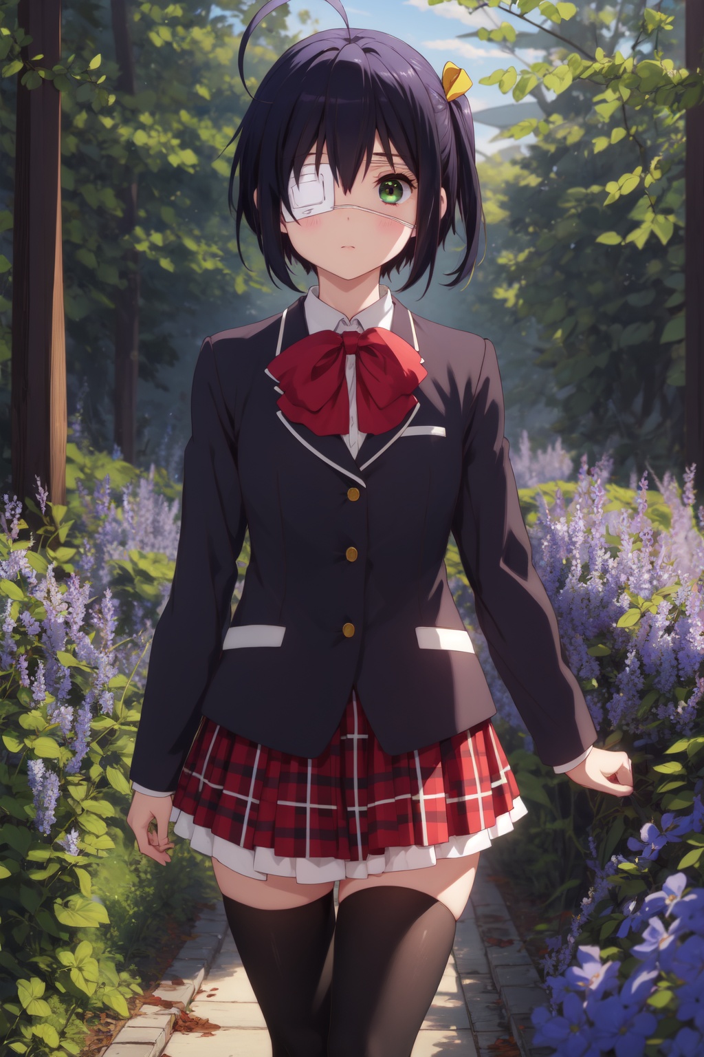 <lora:Rikka-000006:0.8>,Rikka CYQL,1girl,looking at viewer,solo,black hair,short hair,ahoge,ribbon,yellow ribbon,one side up,green eyes,eyepatch,medical eyepatch,red bow,school uniform,bowtie,shirt,skirt,thighhighs,plaid skirt,zettai ryouiki,plaid,shoes,blazer,black thighhighs,jacket,blush,smug,full_shot,Forest, Bluebells, Trees, Flowers, Spring, Colors, Serenity, Beauty,(Heather blooms, Coastal cliffs, Ocean views, Coastal breeze, Heather carpet, Cliffside panorama:0.5),beautiful detailed sky,beautiful detailed glow,posing in front of a colorful and dynamic background,masterpiece,best quality,beautiful and aesthetic,contrapposto,female focus,wallpaper,