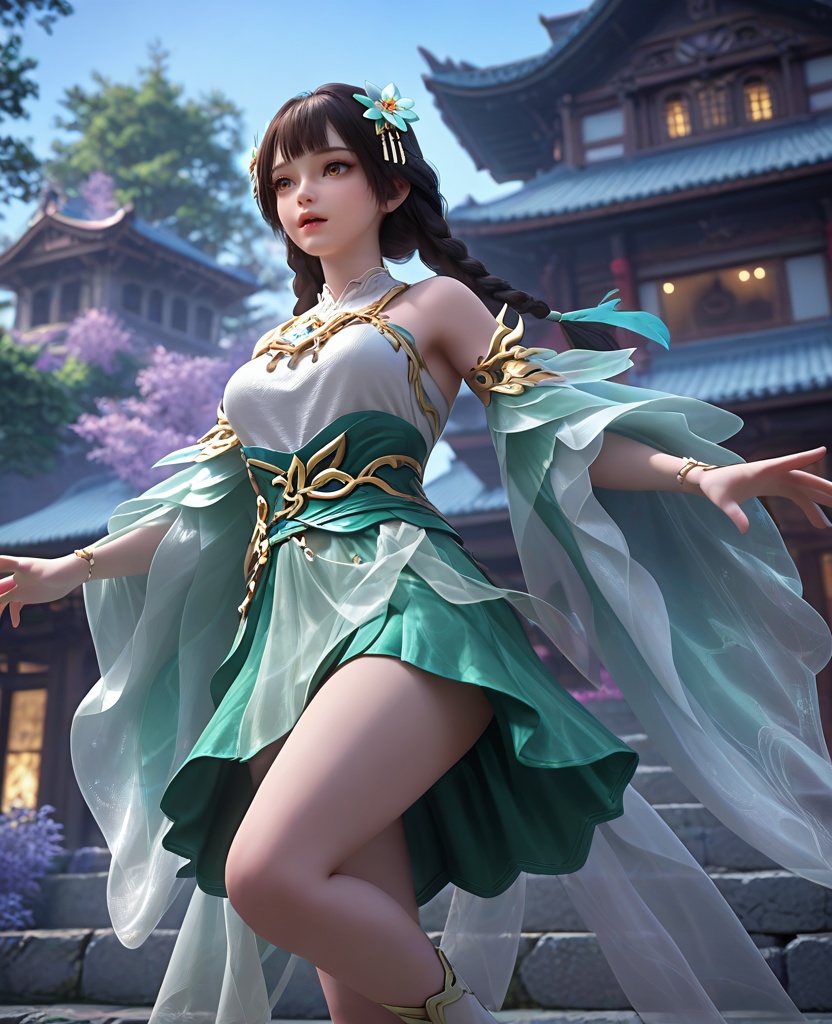 (oriental architecture, elegant decor, sophisticated style:1.1),rushing out of burning city,screaming,(breasts:1.2),<lora:XL16完美世界梦回仙古麒麟少女:0.95>,miss qilin,solo,white bodice,green skirt,brown eyes,black hair,twin braids,hair ornament,choker,green sash,sheer fabric overskirt,detached sleeves,white socks,, zPDXL2, score_9, score_8_up, score_7_up BREAK realistic, masterpiece,best quality, highly detailed,, zPDXL3, zPDXL2,zPDXL, zPDXLxxx, zPDXLrl,