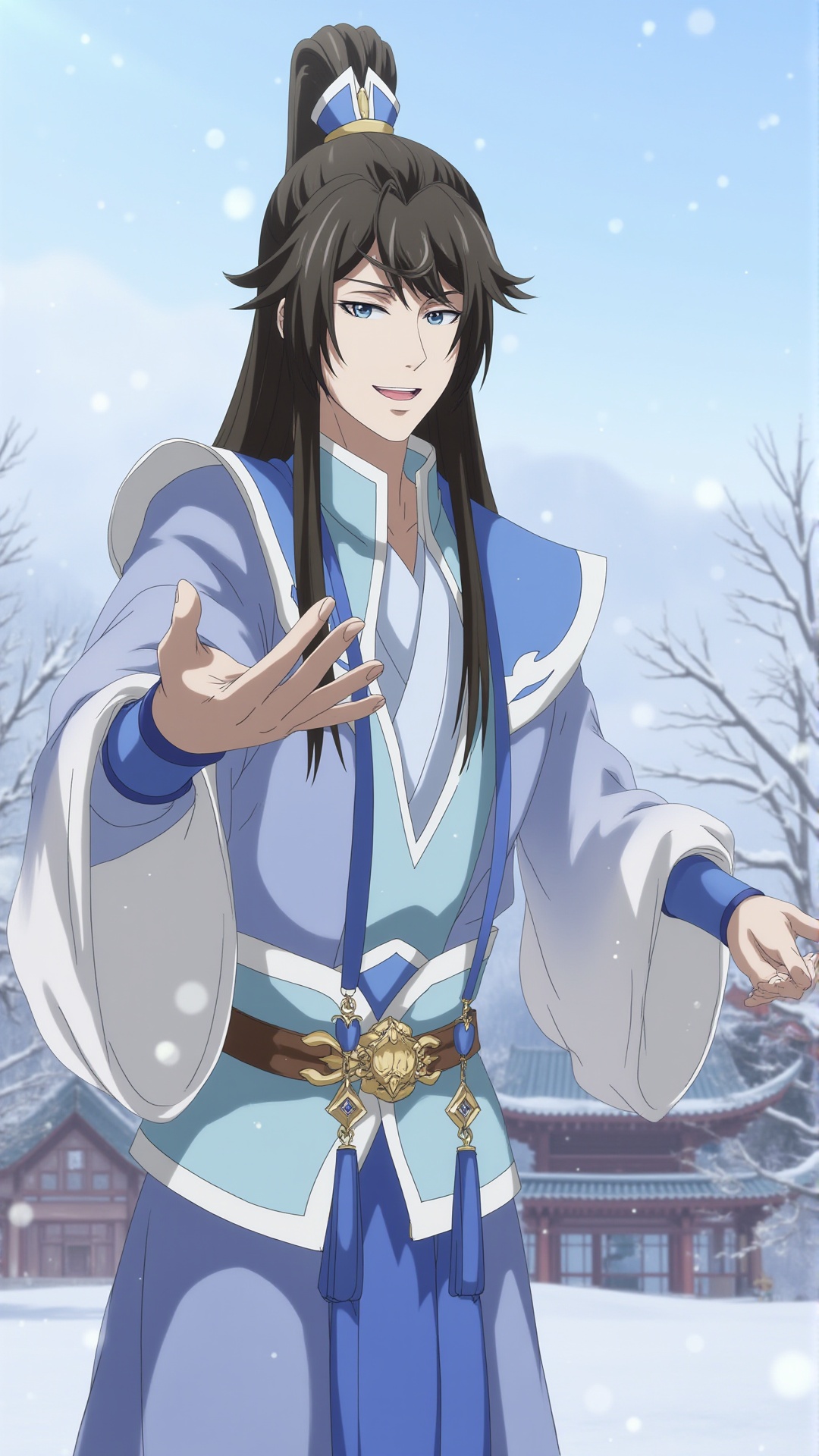 kp,1boy,male focus,long hair,black hair,solo,chinese clothes,ponytail,tree,looking at viewer,outdoors,snow,outstretched arms,fur trim,sky,smile,jewelry,snowing,<lora:F1-baixiaochun:0.8>,
