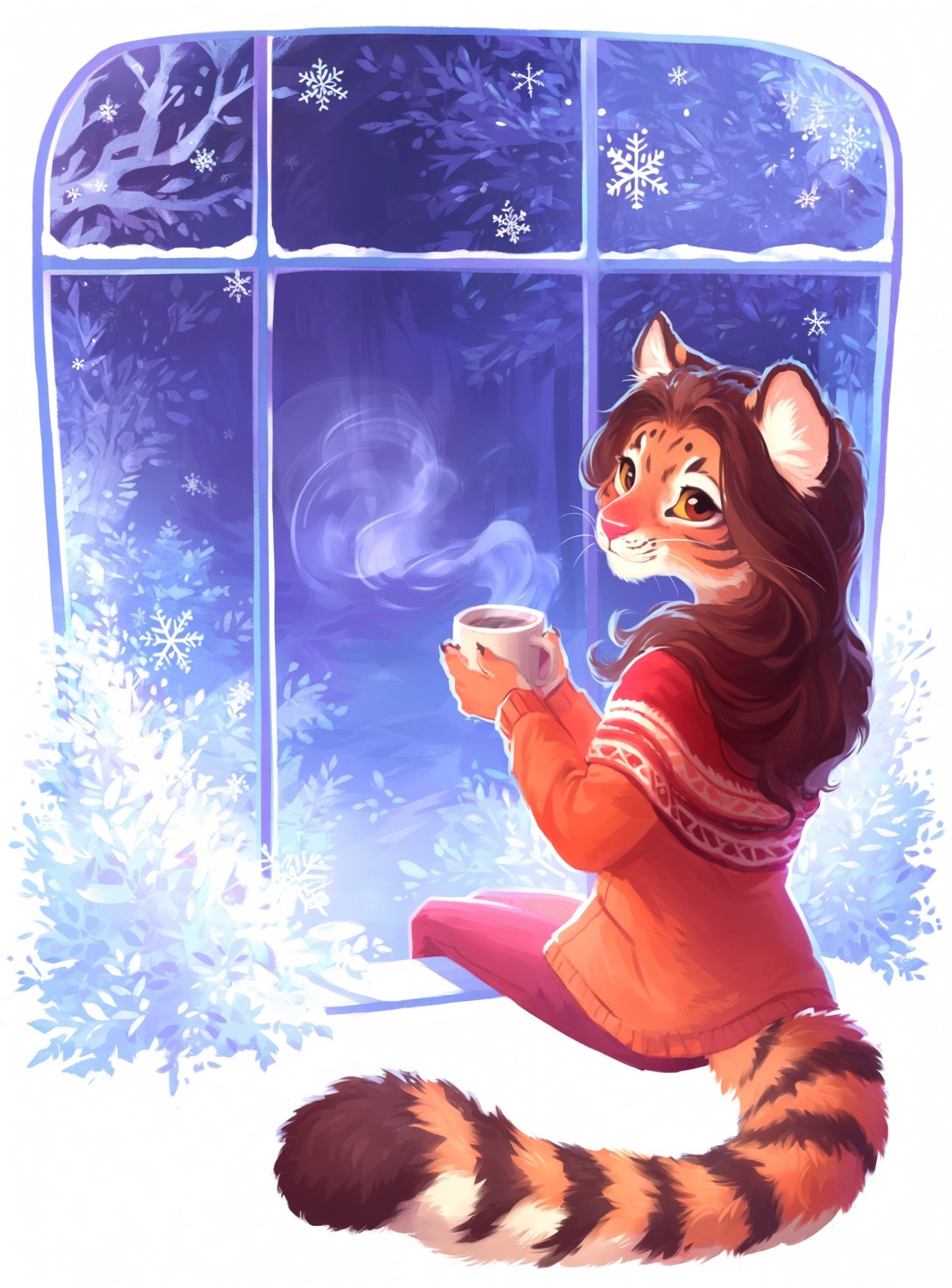 @himmis,  An anthro female felid character sits inside by a frosted window during winter months while wearing red topwear...