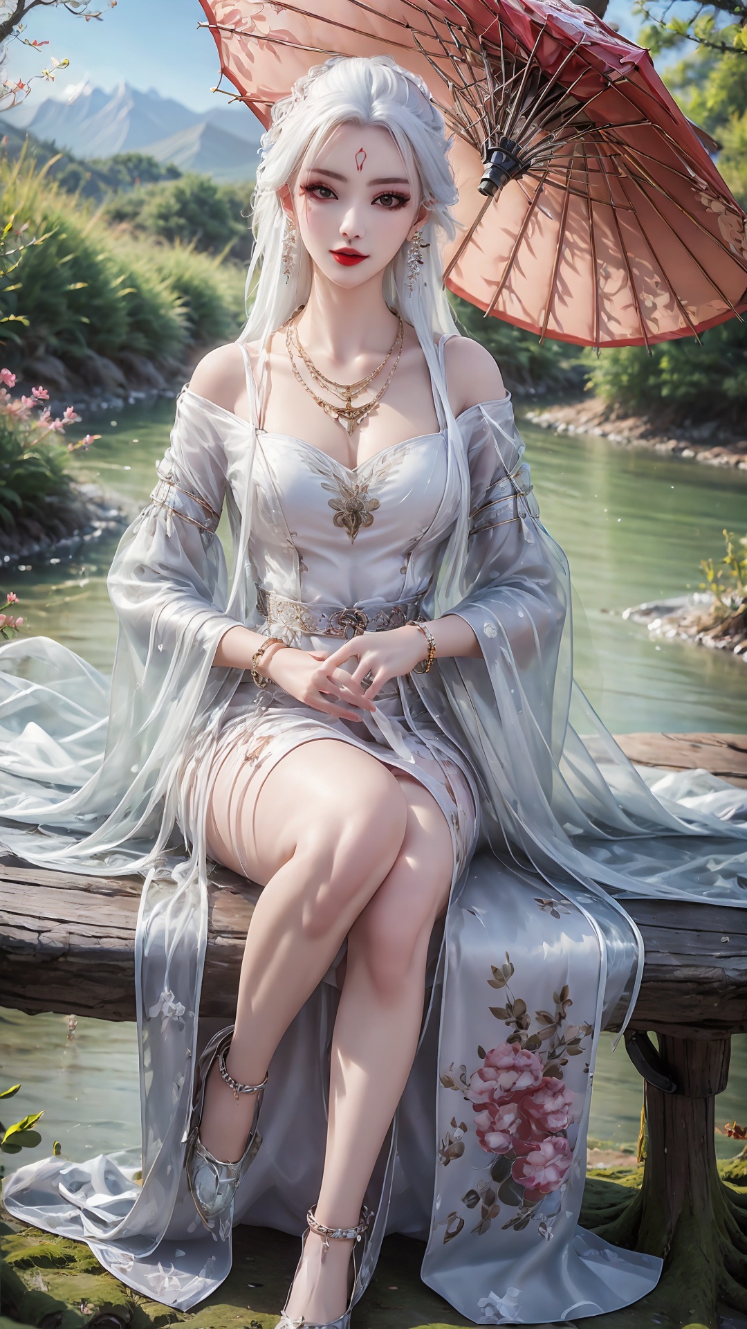 1girl,umbrella,solo,dress,white dress,holding umbrella,jewelry,long hair,holding,outdoors,chinese clothes,mountain,earrings,necklace,long sleeves,white hair,<lora:girl miaojiangxiaobai_20240912173536:0.7>,