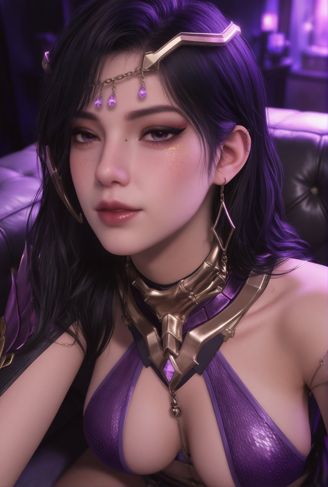 masterpiece,best quality,amazing quality,high resolution,ultra-detailed,absurdres,(looking at viewer:1.1),(moody lighting:1.1),1girl,long hair,makeup,BREAKcollarbone,sheer overlay,bare shoulders,jewelry BREAK photorealistic details,shy,blush,realistic,<lora:逆战未来精绝女王最终版gh:0.8>,orgasm face,(horny:1.1),sexy,soft light,sit on the sofa,black hair,