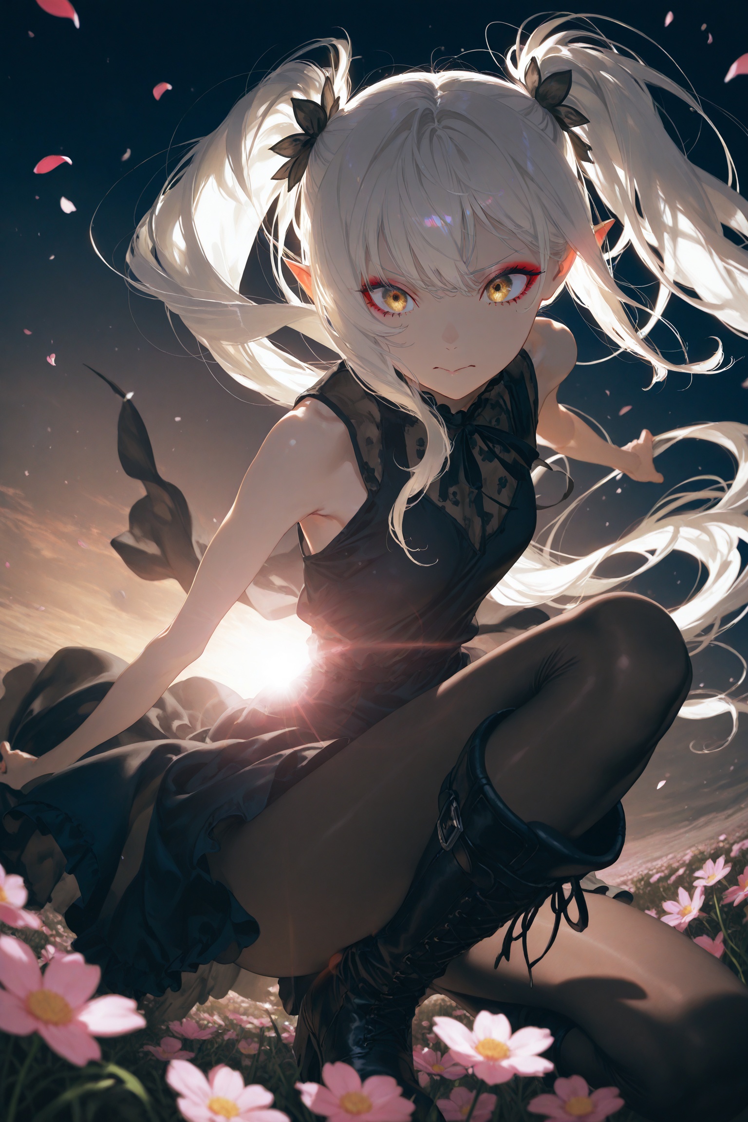 masterpiece,best quality,amazing quality,very aesthetic,absurdres,newest,impactful picture,offcial art,movie perspective,yoneyama mai,(aos:0.5),(fajyobore:0.5),(chiaroscuro:0.5),cute painting style,dark,Extreme Close-Up,Fantasy,1girl solo boots,Sleeveless dress,Golden eyes,makeup,eyeshadow,long hair,pantyhose,pointed ears,twintails,white hair,flowers,petals,sky BREAK Bright And Sunny Lighting,Atmospheric Perspective,Vignetting,Lens Flare,Vanishing Point,