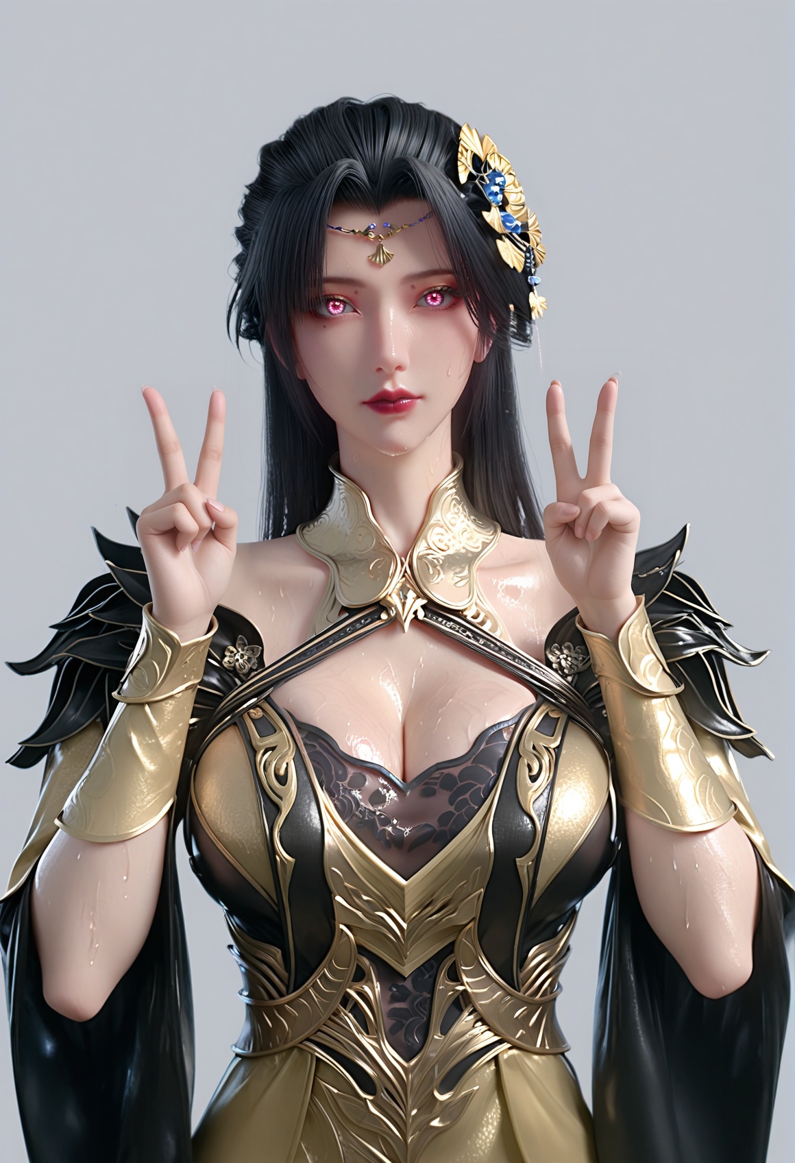 (score_9),<lora:柳如烟-Apony:0.82>,lry,(mature_female),solo,long hair,hair ornament,black hair,mole under eye,detached collar,forehead jewelry,wrist guards,dress,sleeve,<lora:perfect eyes_v1:0.68>,bright pupils,upper body,sweaty skin,sweaty_skin,looking at viewer,front view,light blush,double v,<lora:Expressive_H-000001:0.8>,(glamor:1.2),curvy,collarbone,pointy breasts,puffy breasts,large breasts,narrow waist,simple background,grey background,<lora:皮肤凹痕:1.2>,