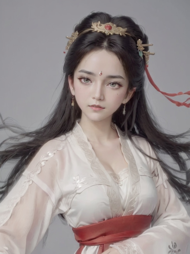 gufengsw001,1girl,solo,long hair,looking at viewer,hair ornament,long sleeves,jewelry,upper body,earrings,white dress,sash,chinese clothes,hanfu,<lora:gufengsw001-000008:0.8>,