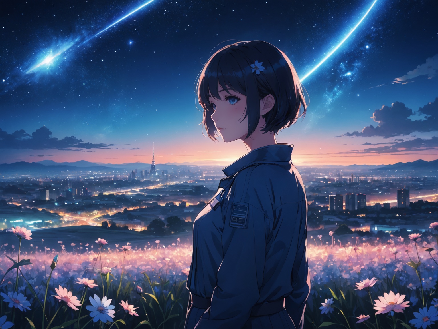 anime girl, night, blue light behind her,  ((Galaxy, Lens flare)), short hair, flower field, night sky, cinematic shot. Wallpaper. (Blue color schema), detailed background, a city in the distance