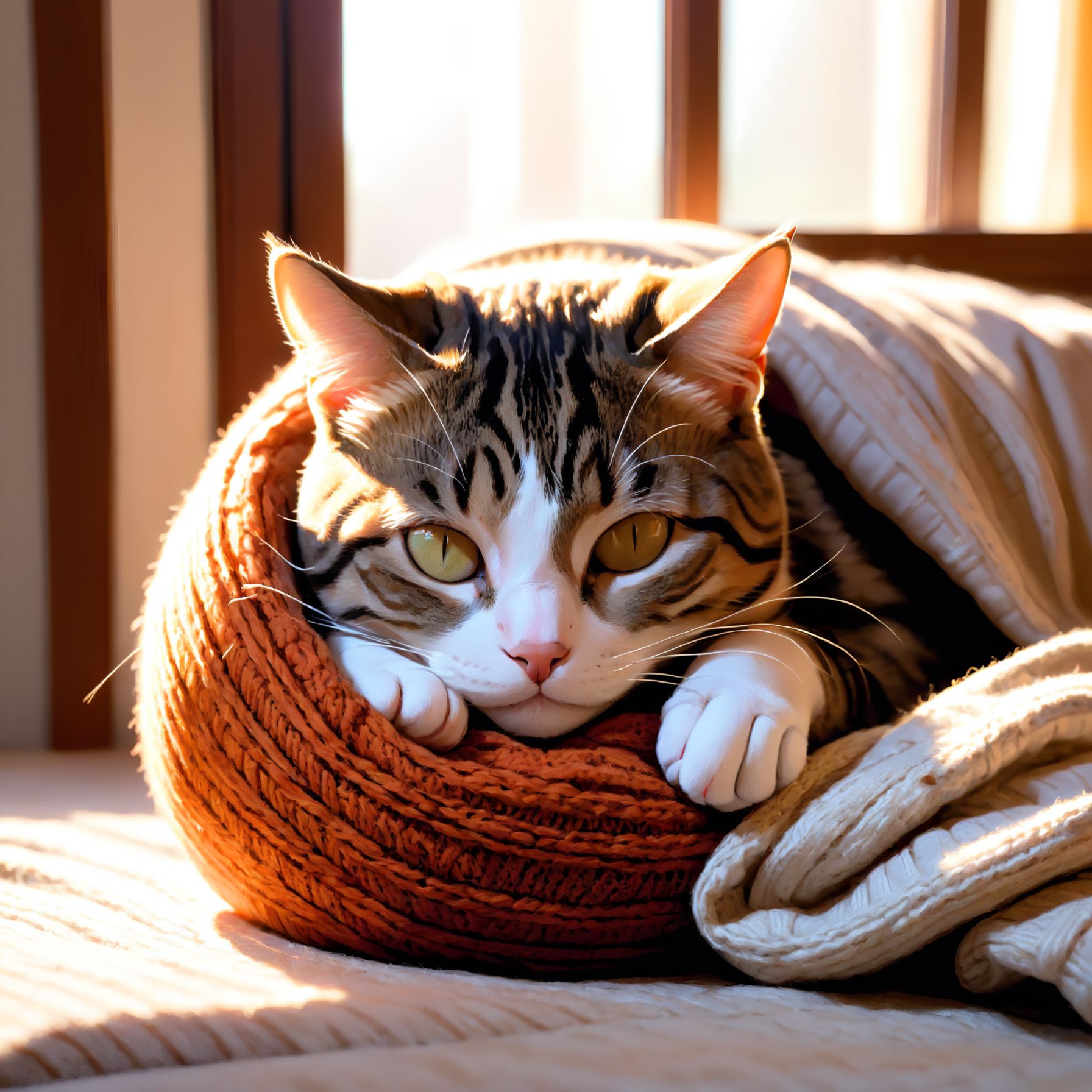 Photo of a tabby cat named Tom peacefully dozing off on a soft,  knitted blanket under the warm glow of sunlight streaming...