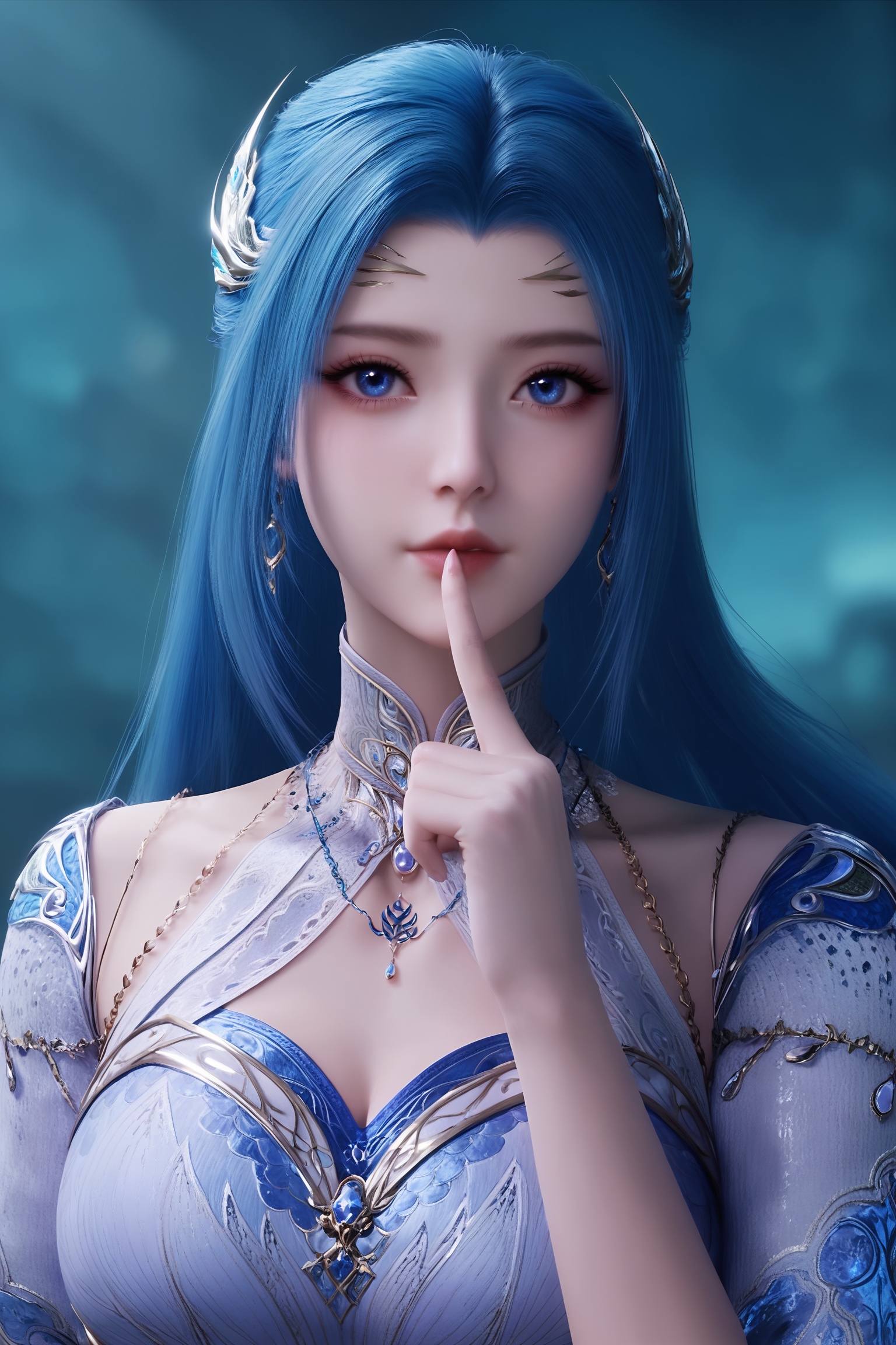 <lora:斗罗大陆2-唐舞桐pony:0.7>,1girl,long,flowing blue hair,sparkling silver accessories,form-fitting,elegant gown in a light,ethereal blue,with intricate,flowing patterns,high collar,long sleeves,flowing skirt,upper body,, The text " TenKAI" is prominently displayed in large,bold letters at the top of the image,close-up,glowing blue light effects,serene expression,finger to lips,futuristic sci-fi,soft lighting,ethereal atmosphere,smooth textures,dreamy aesthetic,background gradient from dark blue to light blue,Dreamtech watermark,futuristic character design,Lux.dev,serene and mysterious mood,