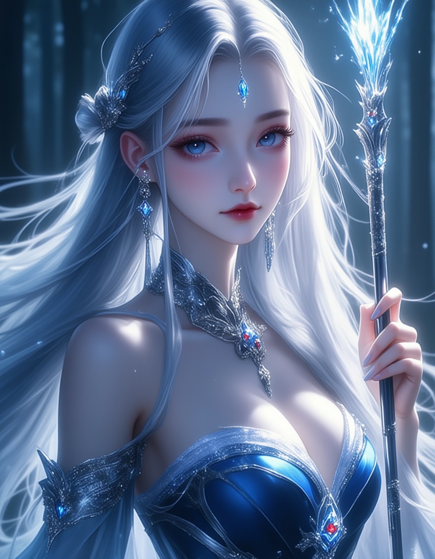 A stunning digital painting of a woman with long, flowing silver hair and piercing blue eyes. She wears an elaborate, ethereal gown adorned with intricate silver embroidery and a large, sparkling gemstone at the center of her chest. The dress features a low neckline, revealing her ample cleavage. She holds a staff with a glowing blue crystal at the top. Her skin is pale, almost luminescent, and she has a serene, otherworldly expression. The background is a dark, mystical forest with a soft, moonlit glow. The art style is detailed and realistic, with a fantasy theme.,<lora:动漫美女·3 (1):1>,