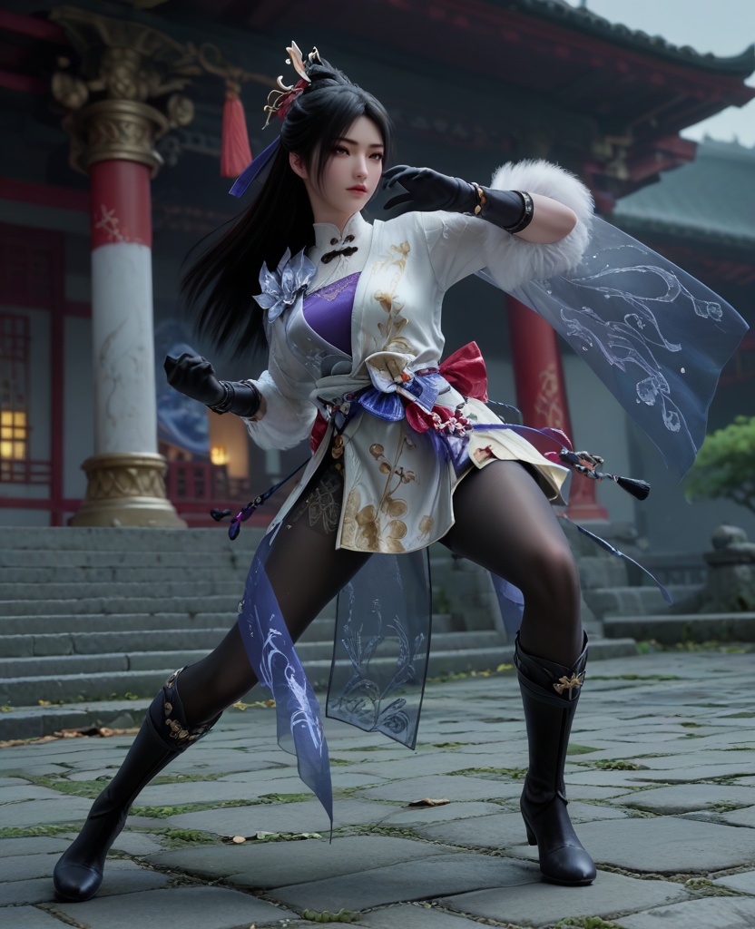 (oriental architecture, elegant decor, sophisticated style:1.1),(dancing,flamenco pose:1.1),(breasts:1.2),<lora:XL永劫无间顾清寒冰雁:0.95>,miss guqinghan,white dress,purple lingerie,sash,black hair,long hair,hair ornament,black gloves,black pantyhose,black boots,fart curtain,, score_9,score_8_up,score_7_up,score_6_up,score_5_up,score_4_up,3d rendering,tag1,tag2, Cinematic Lighting,backlighting,