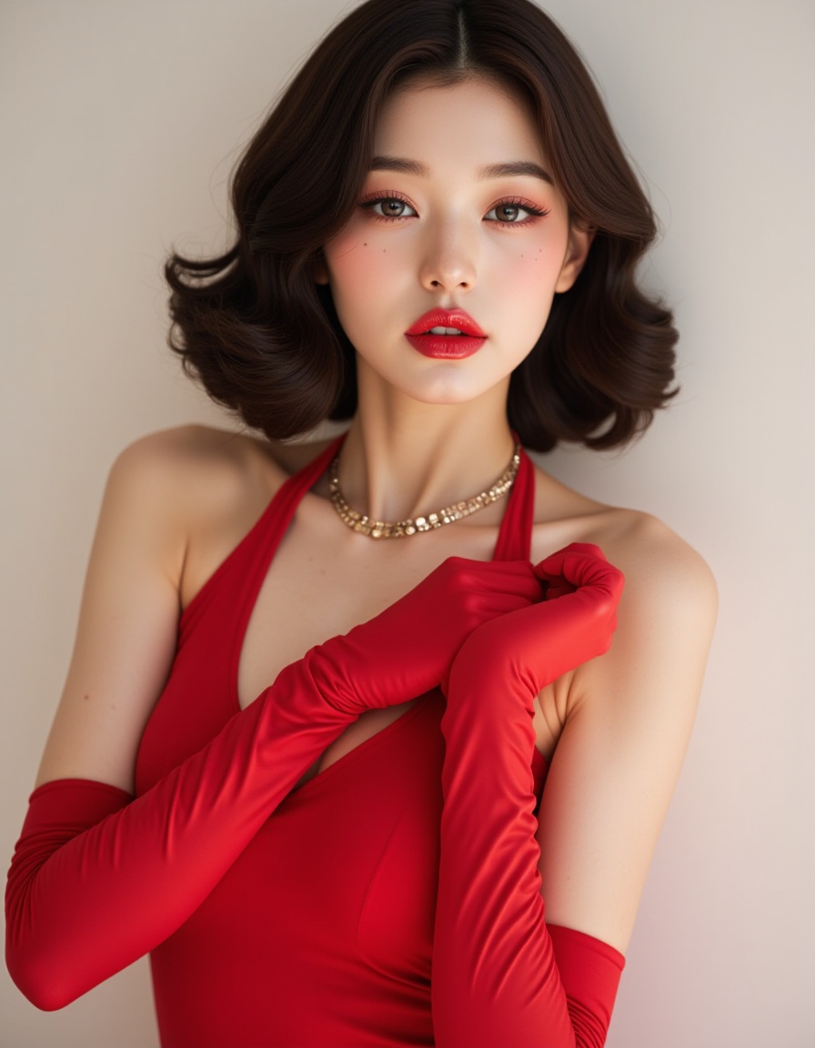a beautiful white girl korea model wearing makeup Small,delicate nose.V-shaped jawline. Full,pouty lips.Fair,flawless skin,posing Seductive with a sophisticated flair,adorned in what appears to be a luxurious fitted red Dress  and gloved. Her expression is poised and confident,accentuated by bold red lipstick and elegant makeup,which aligns with the chic,high-fashion theme conveyed through her attire. The background is simplistic and non-distractive,ensuring all attention is directed towards her. Her clothing contrast strikingly with her lighter skin tone and softly curled hairstyle,enhancing the overall impact of her appearance. Her pose is very sensual. The visual composition leverages fashion elements to evoke a sense of luxury and refined taste,High detailed,beautiful,full body,expresive jewels,8k,