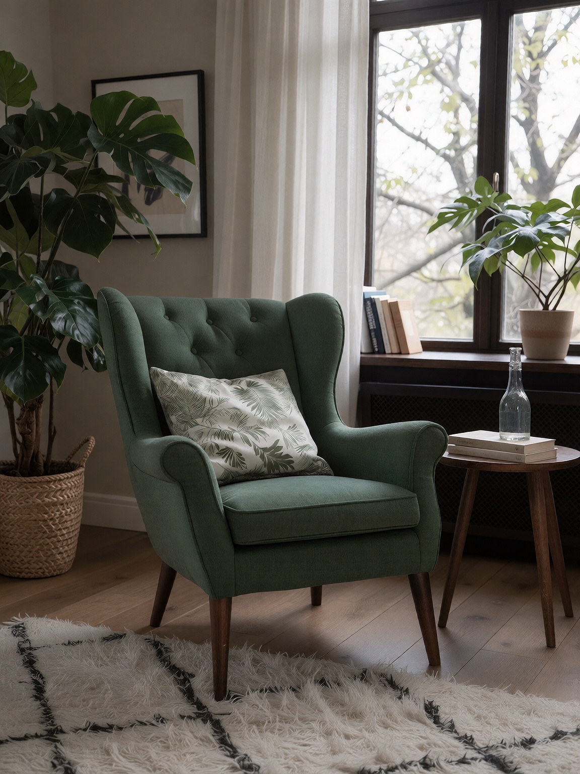 Cozy Green Interior A green armchair by a sunlit window,  paired with a lush potted plant,  creating a serene and minimali...