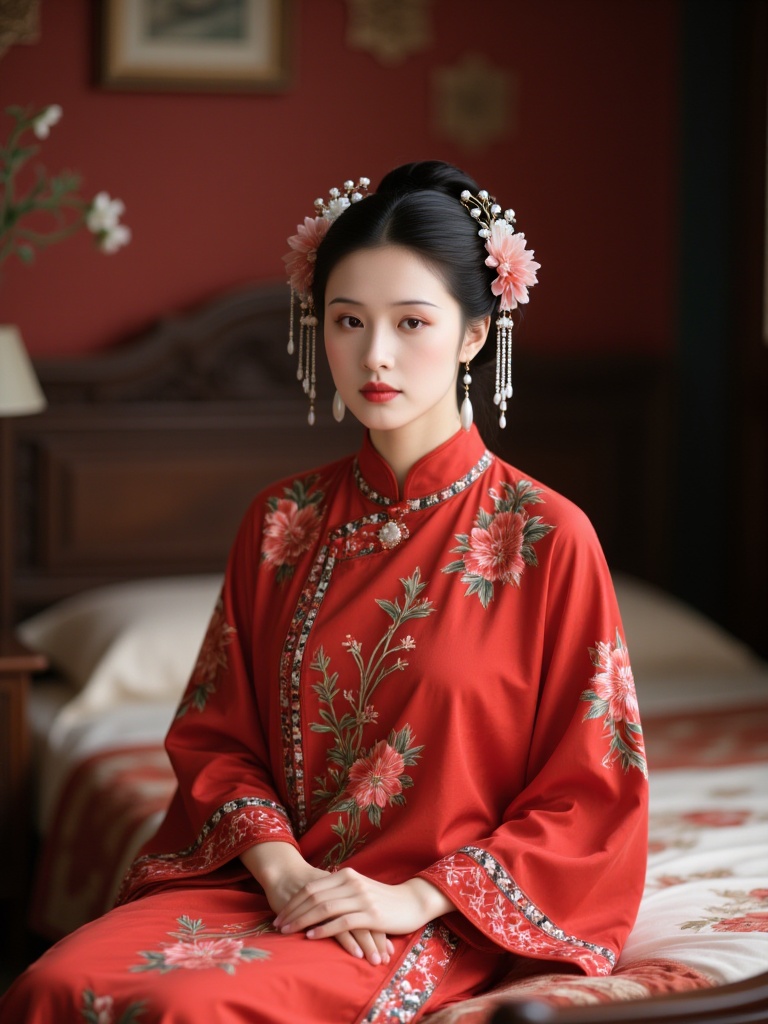 wm, an Asian woman with fair skin, wearing a traditional Chinese red silk cheongsam adorned with floral embroidery. She has dark hair styled in an updo, decorated with intricate floral hairpieces. The setting is a luxurious, dimly lit bedroom with wooden furniture and a red wall..<lora:S-T-唯美古风_S1.5:1>