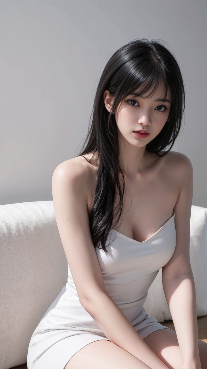 1girl, asian, bangs, bare_shoulders, black_eyes, black_hair, closed_mouth, dress, lips, long_hair, looking_at_viewer, photo_\(medium\), photorealistic, realistic, sitting, sleeveless, sleeveless_dress, solo, white_dress