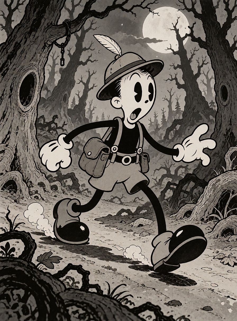 cartoon explorer character in a spooky forest,  crooked trees,  surprised expression on Tensor.Art