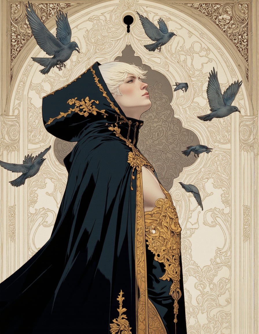 By Phandigrams. A digital illustration shoot from a profile camera angle about a male character in a hooded cloak,  surrou...