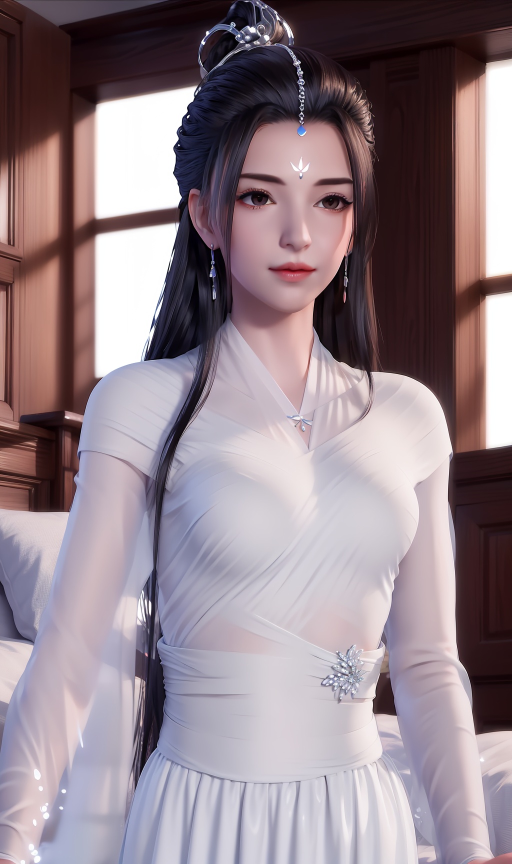 masterpiece,(best quality),official art, extremely detailed cg 8k wallpaper,((crystalstexture skin)), (extremely delicate and beautiful),highly detailed,1girl,solo,long hair,headwear,(standing),( hair),,(long dress:0.955),(clothes:0.999),(dress:0.987),(chinese_clothes:0.897),(long_skirts:0.987),face,lips,(closed mouth),(upper body),(medium breasts),((hair_ornament)),jewelry,earrings,(sunshine, indoor,bed),((looking_at_viewer)),((Facing the camera)),, <lora:hipoly3DModelLora_v10:0.3>