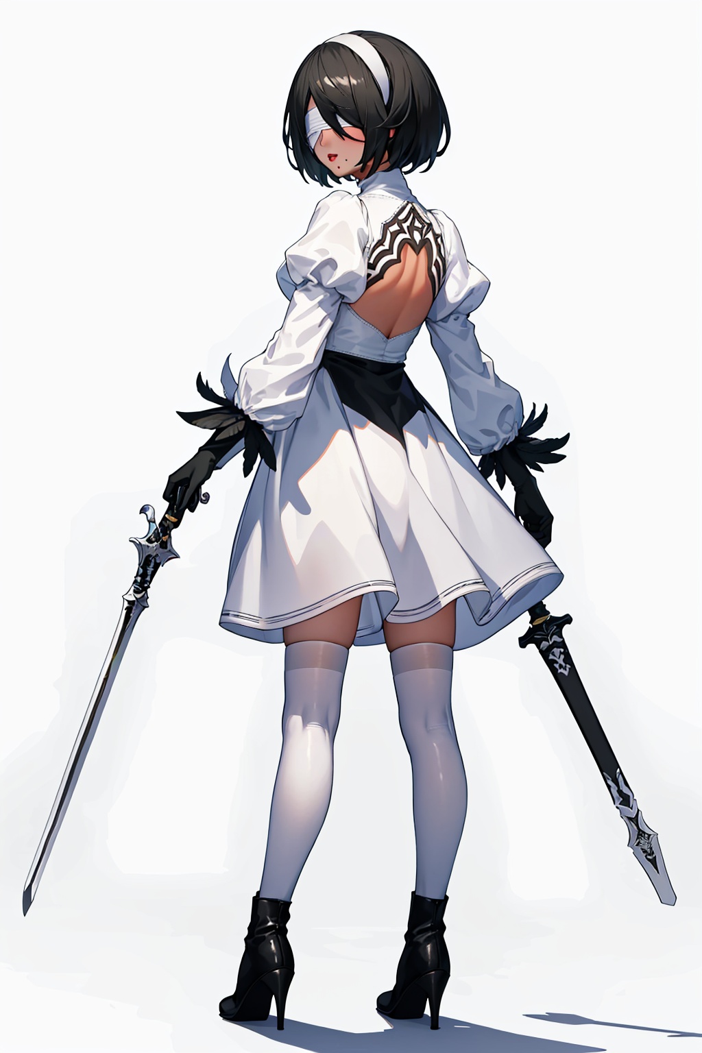 masterpiece,best quality, highly detailed, 2p (nier:automata),1girl, dark-skinned female, white footwear, mole under mouth, puffy sleeves, gradient, shiny, feather trim, solo, white dress, gradient background, full body, lips, long sleeves, thigh boots, back cutout, gloves, sword, player 2, high heel boots, looking back, white thighhighs, white hairband, short dress, blindfold, holding weapon,<lora:2p_(nierautomata):1>