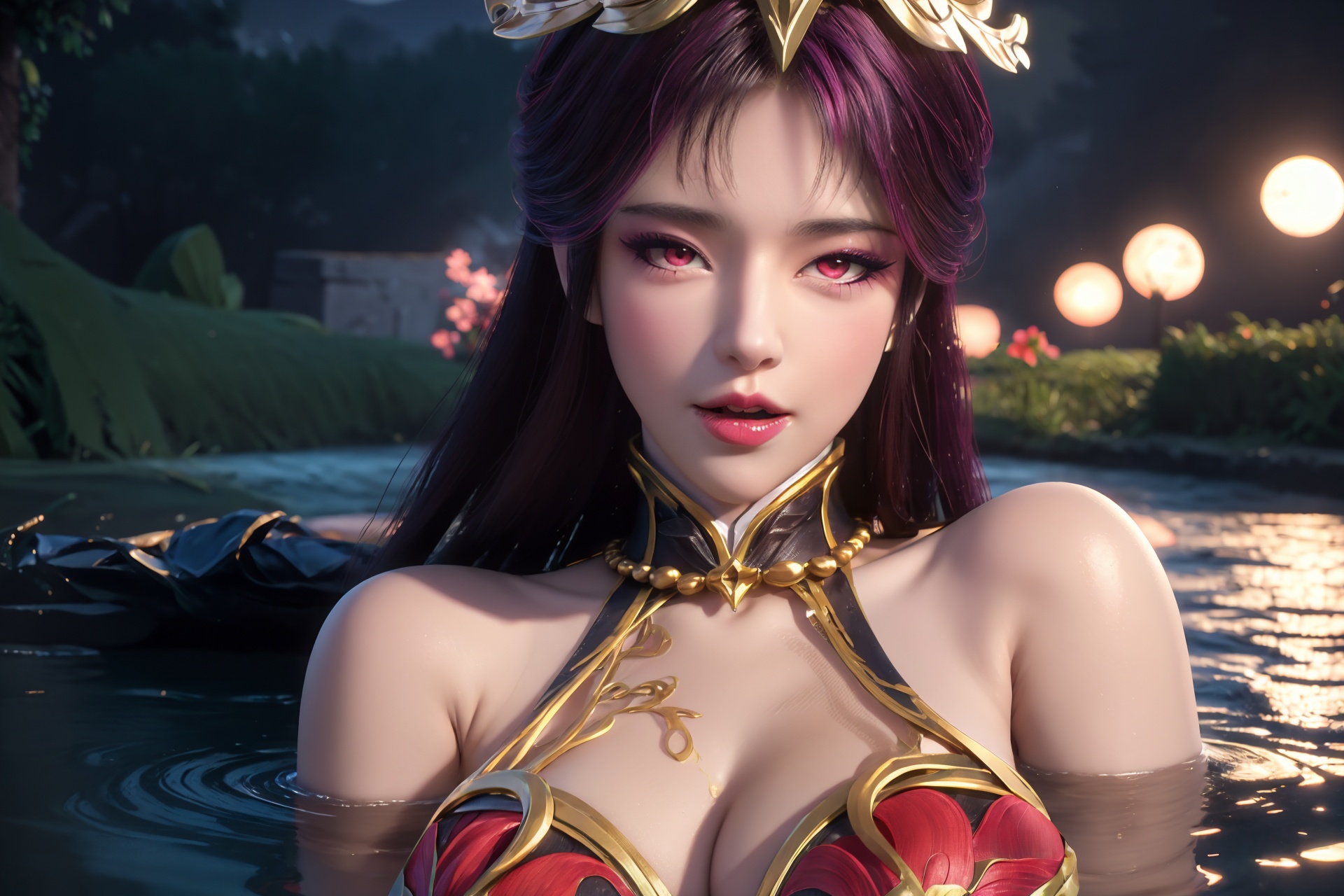 licking lips,tongue,portrait,tongue on lips,dress,chinese clothes,flower,full_moon,moon,night,lily_pad,lotus,moonlight,nipples,water,night_sky,lily_\(flower\),sky,partially_submerged,1girl,solo,black hair,hair ornament,long hair,brown eyes,realistic,nail polish,photo_\(medium\),(breasts, big_breasts, cleavage),makeup,(8k, RAW photo, best quality, masterpiece:1.2),(realistic, photorealistic:1.3),ultra-detailed,extremely detailed cg 8k wallpaper,(crystalstexture skin:1.2),extremely delicate and beautiful,purple hair,head jewel,lying sideway on a throne,seducive smile,black stockings,covering breasts and crotch,very long thighs,