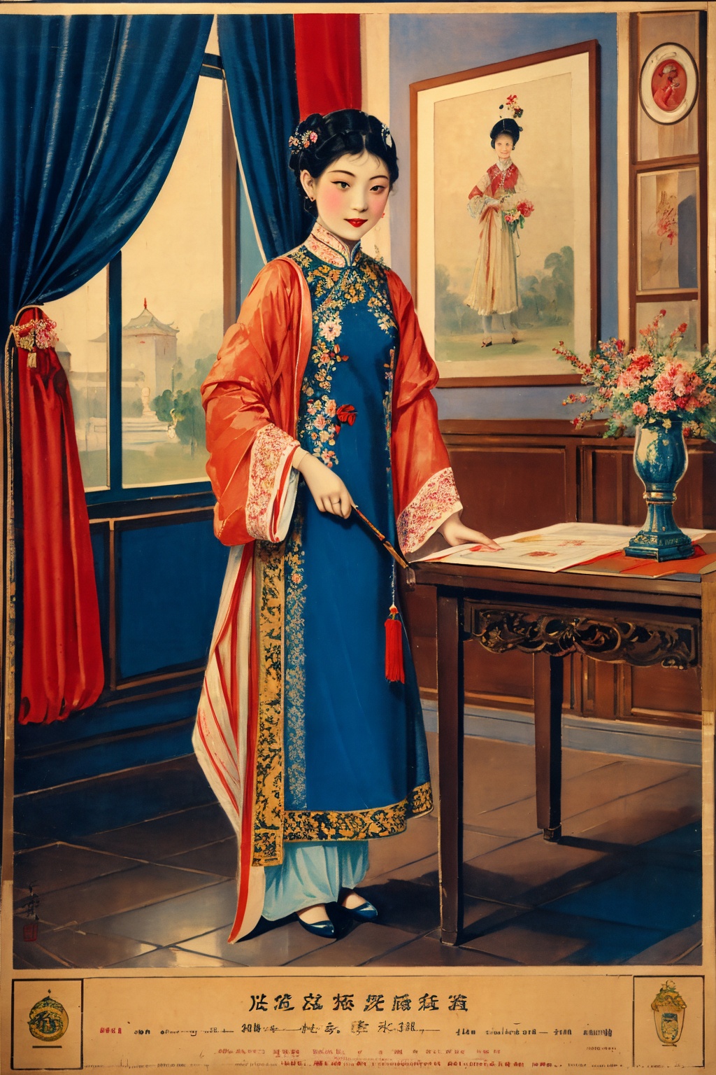poster,1 girl,china dress,hand fan,painting,the Republican period