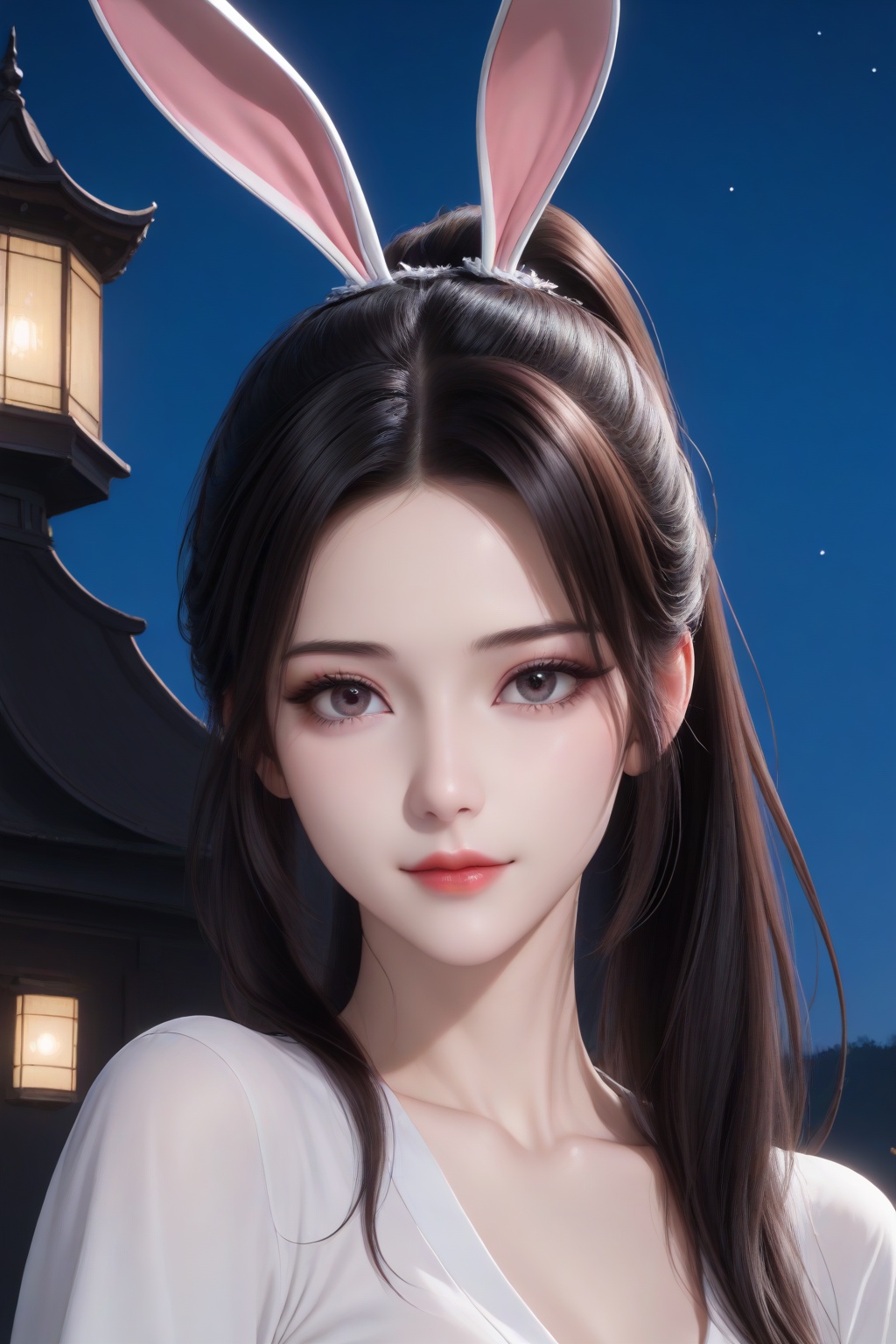 <lora:xiaowu_sl_v6-000024:0.6>,xiaowu_sl,1girl,solo,animal ears,rabbit ears,long hair,(white_skin:1.2),brown hair,black hair,closed mouth,medium breasts,shiny,pale skin,lips,lipstick,big eyes,eyelashes,long eyelashes,makeup,eyeshadow,high ponytail,nail polish,masterpiece,high quality,highres,absurdres,best quality,8K,high-res detailed,cheongsam,blue cheongsam,(loose clothes:1.4),skirt,chiffon_skirt,shorts_under_skirt,puffy_shorts,looking at viewer,standing,dynamic pose,seductive smile,night sky,[moon],star \(sky\),chinese style architecture,lantern,<lora:sh-glossy_r2:0.5>,pantyhose,thighband_pantyhose,shiny legwear,high heels,louboutin heels,black heels,red bottom heels,footwear,<lora:Louboutin_Heels__PONY:0.5>,<lora:HandFixer_pdxl_Incrs_v1:0.5>,handfixer,<lora:DetailedEyes_V3:0.5>,
