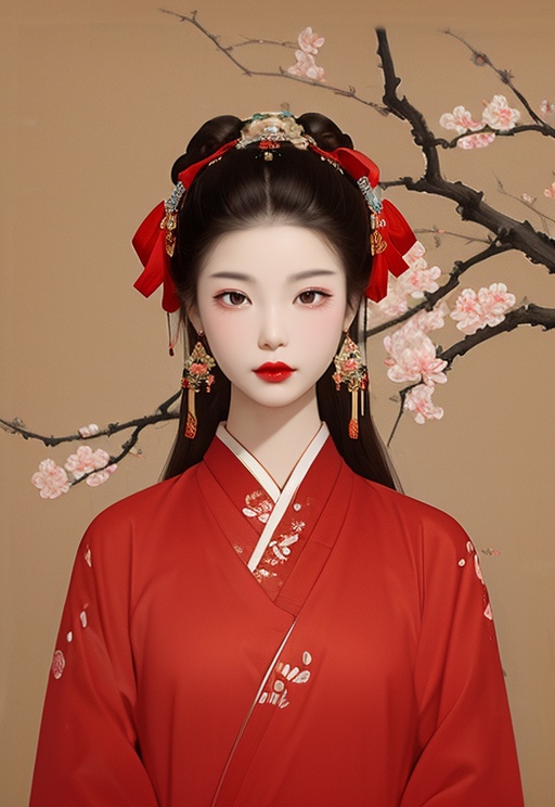 Chinese painting, 1girl, solo, jewelry, hair ornament, earrings, branch, flower, upper body, red lips, closed mouth, brown hair, brown background, red ribbon, <lora:Chinese painting_V10:0.9>, 