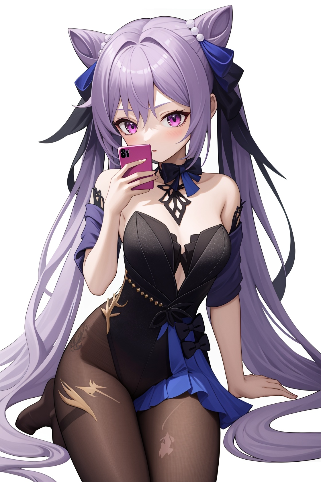 <lora:nai3画风bysdlion-000035:0:lbw=paint>,<lora:刻晴皮肤:1:lbw=char>,keqing,1girl,black pantyhose,bow,smartphone,iphone,holding smartphone,, (masterpiece,best quality,high quality:1.4),absurdres,