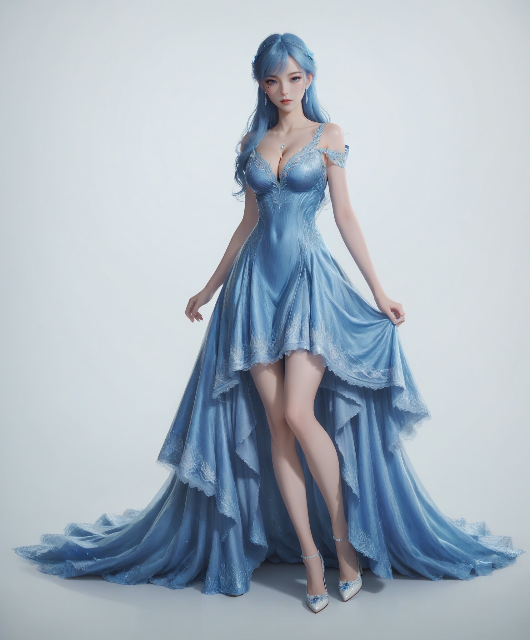 score_9,score_8_up,score_7_up,<lora:pony魂灵雪女3:0.6>,1girl,solo,long hair,breasts,looking at viewer,blue eyes,dress,cleavage,<lora:pony乳沟滑块Cleavage Slider_alpha1.0_rank4_noxattn_last:4>,bare shoulders,jewelry,blue hair,mole,lips,mole under eye,makeup,blue dress,dress,full body,blue dress,simple background,white background,