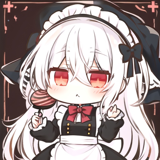 <lora:bichi style:1>,bichi style,chibi,1girl,food,solo,candy,long hair,white hair,maid headdress,lollipop,apron,red eyes,maid,dress,very long hair,hair between eyes,holding,bangs,black dress,cross,white apron,wide sleeves,closed mouth,:<,maid apron,bow,star \(symbol\),holding food,long sleeves,looking at viewer,alternate costume,meat,character name,red bow,holding candy,frilled apron,holding lollipop,