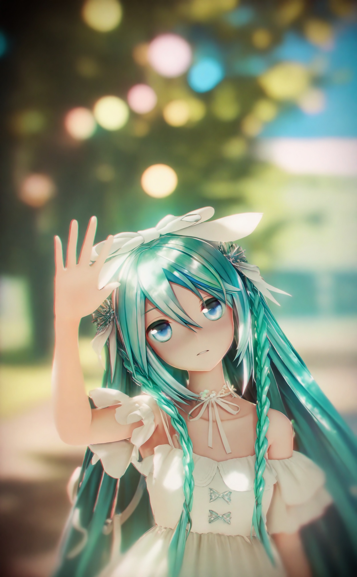 masterpiece,absurdres,best quality,loli,petite,high quality,chromatic_aberration,//,1girl, hatsune_miku, solo, blurry, long_hair, looking_at_viewer, blurry_background, hair_between_eyes, depth_of_field, upper_body, hair_ornament, aqua_eyes, aqua_hair, parted_lips, flower, white_dress, hand_up, bokeh, outdoors, blue_eyes, bow, hair_bow, blue_hair, dress, ribbon, white_bow, braid, head_tilt, bare_shoulders, waving, twintails, twin_braids, hair_ribbon, outstretched_hand, jewelry, necklace, reaching, shirt, expressionless, reaching_towards_viewer, hair_flower, photo_background, collarbone, white_ribbon//,Depth of field,(colorful),hdr,Tyndall effect,depth of field,Tyndall Effect,blurry,blurry_background,depth_of_field,bokeh,glowing,//,<lora:MMDguangwuran4——【noob】hans:1.2>,