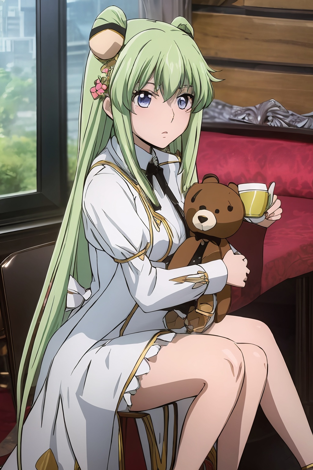 Alice,{{{Giant Bear doll}}},[artist: ningen_mame],artist:ciloranko,[artist:sho_(sho_lwlw)],[[artist:as109]],wlop,year_2023,front view,standing,Facing you,looking at you,masterpiece,high quality,anime style,{solo},{{1girl}},10-year-old girl,{parted bangs, long blond hair},blank face,red eyes,no expression,sitting on a bear doll,hat,{{gorgeous Lolita dress, holding a teacup, trim hair}},lean build,{{small breasts}},short man,alley background,Light green hair,<lora:LL_20240414234023-000004:0.8>,