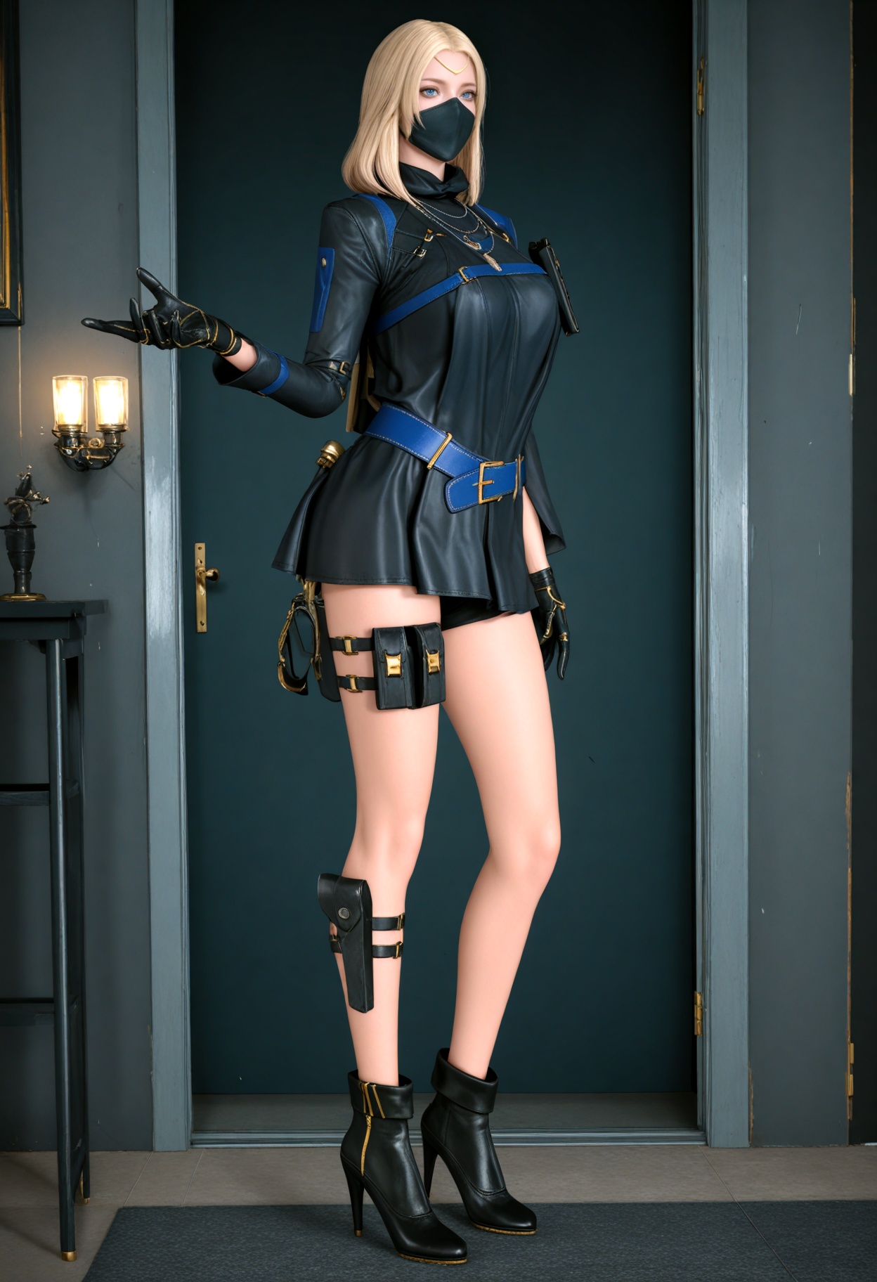 (upper_body:1.1),(gigantic breasts:0.6),(slender:1.3),(looking_at_viewer:1.1),(masterpiece:1.1),(best quality:1.2),(intricate details),(smog:1.3),(Dark room:1.3),(dim lighting:1.3),<lora:YQ_Illustrious光辉v5_葵_保卫者_V1:0.8>,q1528437228,1girl,solo,blonde hair,holster,gloves,thigh strap,mouth mask,belt,boots,long hair,black footwear,black gloves,thigh holster,high heels,high heel boots,holstered,dress,necklace,blue eyes,jacket,ankle boots,shorts,short dress,medium hair,short shorts,black shorts,long sleeves,black mask,black dress,legs,skirt,masterpiece,(best quality),(intricate details:0.9) BREAK (intricate details:0.9),(realistic skin:1.2),masterpiece,best quality,newest,absurdres,hiahres,