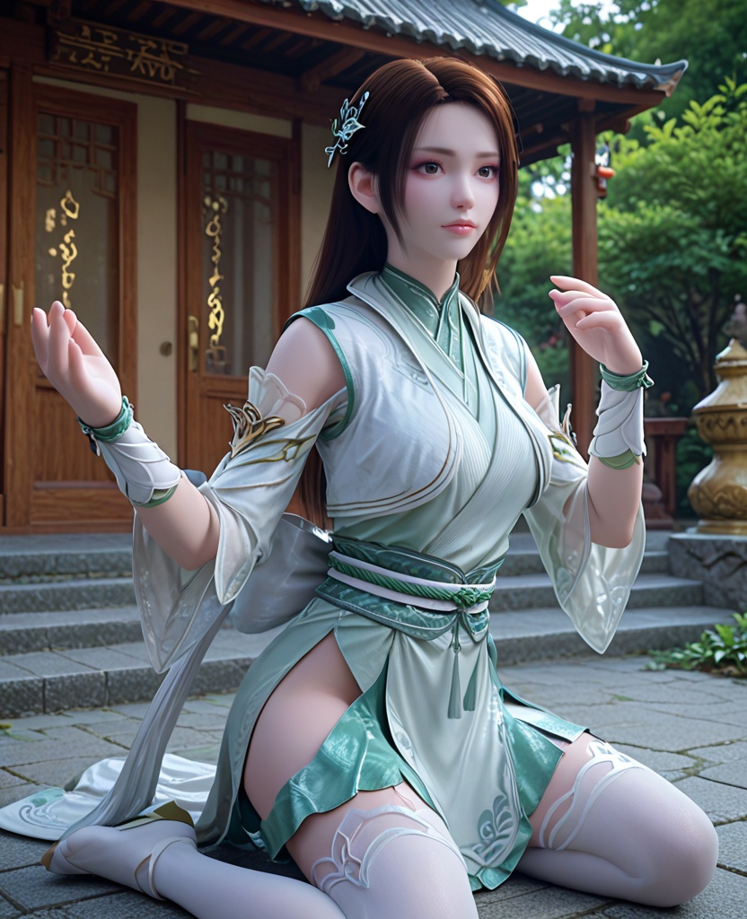 (oriental architecture, elegant decor, sophisticated style:1.1),(practicing yoga, tree pose:1.1),looking at viewer,(breasts:1.2),<lora:XL斗破苍穹斗皇纳兰嫣然:0.95>,miss yanran,aloes green dress,vest,sash,aloes green overskirt,green miniskirt,brown eyes,black hair,long hair,hair ornament,wristband,white thighhighs,, score_9,score_8_up,score_7_up,score_6_up,score_5_up,score_4_up,3d rendering,tag1,tag2, Cinematic Lighting,backlighting,, zPDXL3, zPDXL2,zPDXL, zPDXLxxx, zPDXLrl,