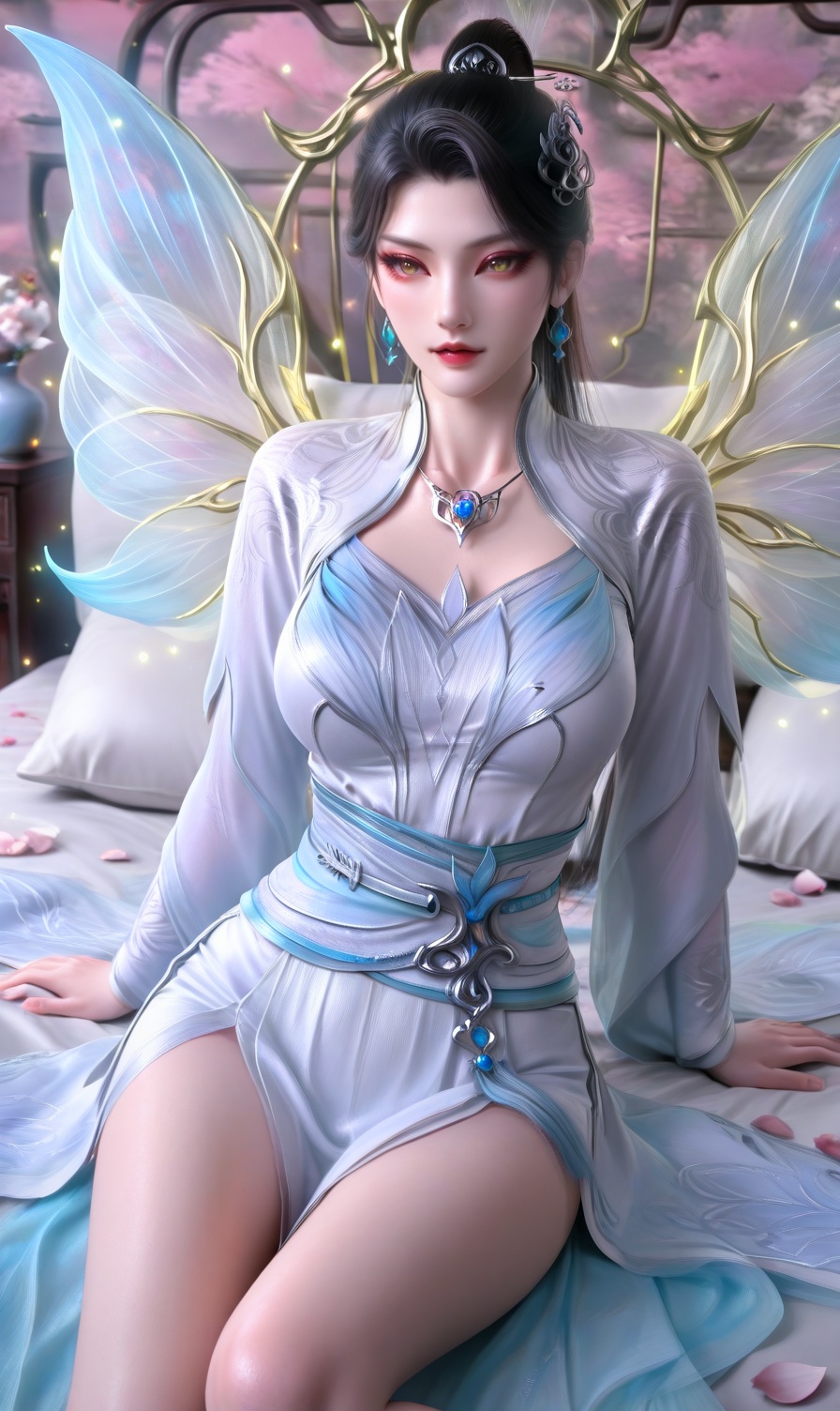 (round breast:1.2) BREAK fair_skin,volumetric,smooth skin,(extremely detailed eyes:1.3),pale skin,looking_at_viewer,bedroom,bed,pillow,indoor,petals,dynamic composition,<lora:RealSkin真实皮肤_xxXL_v1:0.7>,3D photorealistic character,3D cinematic photorealistic character,hyperrealistic skin with subsurface scattering,detailed eyes with tiny blood vessels,lifelike hair with light refraction,high-fidelity clothing with woven texture,high polygon count for anatomical accuracy,16K resolution,advanced ray tracing,natural eyelid creases,PBR materials with roughness maps,PBR materials,area light source,soft shadow layering,70mm lens depth of field,realistic muscle contours,subtle micro-expressions,anti-aliasing,**clear sclera blood vessels,realistic eye gloss**,soft golden glow,glittering particles,natural tissue layer differentiation,realistic skin subsurface scattering,surreal,highly detailed BREAK <lora:性张力Expressive_H-000001(1):0.4>,<lora:真实感增强make25d_xl_v10:0.7>,nice hands,the perfect hand,with a high-end texture,<lora:皮肤凹痕:0.1>,skindentation,<lora:gufeng_impasto_2:0.4>,gufeng,<lora:gwmdetail_lora_r64_sdxl:0.7>,sitting,wariza,<lora:青玄_青仙子v50_illust:0.8>,1girl,solo,qxz,hair bun,black hair,jewelry,white dress,wings,dress,hair ornament,single hair bun,sash,necklace,earrings,long hair,long sleeves,