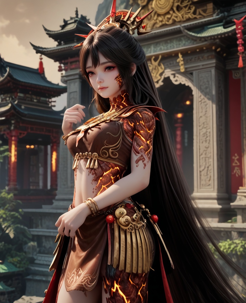 (oriental architecture, elegant decor, sophisticated style:1.1),(Posing with arms wrapped around the body,:1.1),(breasts:1.2),<lora:XL16牧神记炎晶晶:0.95>,teenage girl,brown crop top,brown eyes,black hair,absurdly long hair,hair ornament,bracelet,lava skin,brown skirt,faulds,, score_9,score_8_up,score_7_up,score_6_up,score_5_up,score_4_up,3d rendering,tag1,tag2, Cinematic Lighting,backlighting,