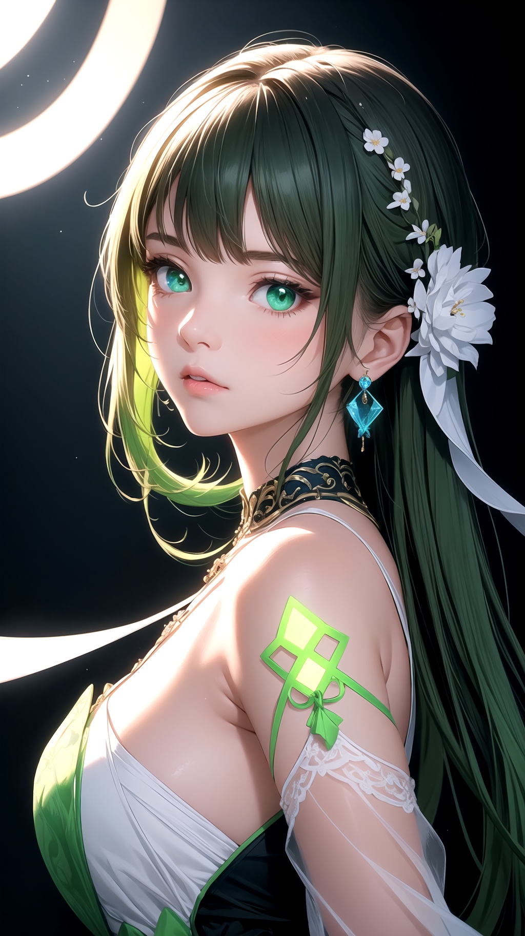 A beautiful girl with off-white long hair,  white luminous eyes,  green luminous earrings on Tensor.Art