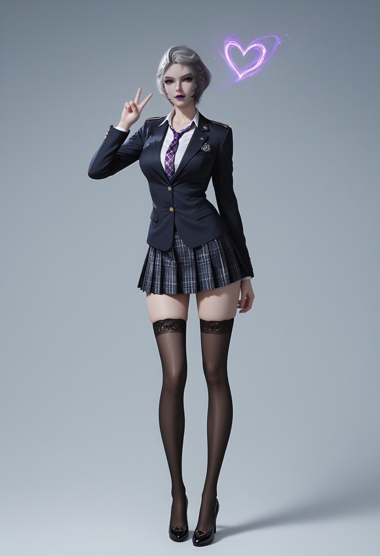 (score_9),full body,<lora:九皇女-apony-000008:0.82>,jhn,1girl,solo,short hair,grey hair,purple lips,eyeshadow,makeup,school_uniform,skirt,necktie,v-neck,thighhighs, black thighhighs, shoes, <lora:perfect eyes_v1:0.8>,light blush,Expressiveh,<lora:Expressive_H-000001:0.8>,collarbone,(glamor:1.2),curvy,BREAKlooking at viewer,front view,BREAKsimple background,grey background,ultra-detailed skin texture,detailed textures,4K ultra HD,sharp focus,high detail,natural lighting,high contrast,hearts,Volumetric Lighting,Tyndall effect,