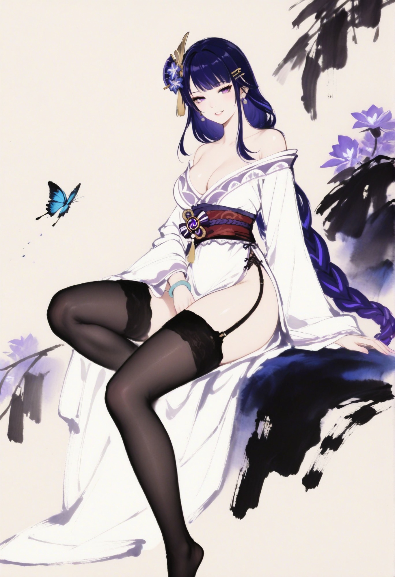 xieyi,masterpiece,best quality,amazing quality,very aesthetic,sharp focus,high-end texture,(very awa,year 2024,newest,highres,absurdres),raiden shogun_(genshin_impact),1girl,solo,long hair,narrow waist,long eyelashes,earring,smile,looking at viewer,dress,seductive smile,parted lips,jewelry,hair clip,bracelet,hair ornament,flower,***,butterfly,ace-trim,garter straps,full body,dynamic pose,off shoulder,thighhighs,long_sleeves,chinese_clothes,white hanfu,plantain leaf,