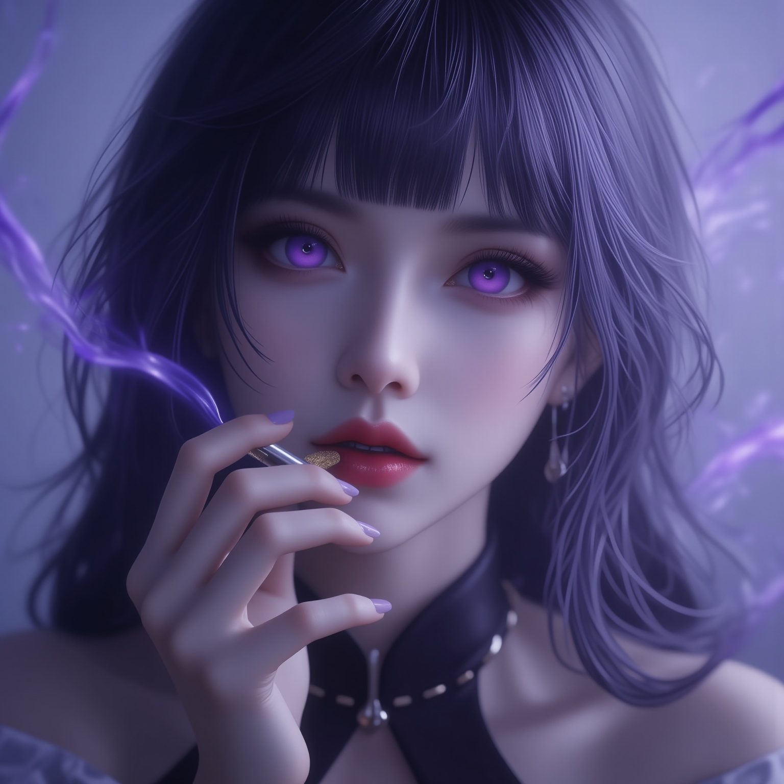 This is a hyper-realistic digital artwork featuring a young woman with a hauntingly beautiful face. She has pale, porcelain skin, and her large, expressive eyes are a striking violet hue, giving her a mystical, otherworldly appearance. Her long, dark hair cascades down her shoulders, framing her face, with a few strands framing her forehead and falling delicately around her cheeks. She has full, sensuous lips painted a soft pink, and her delicate, manicured fingers are poised near her lips, holding a small, slender cigarette. The background is a soft, ethereal blue, with subtle wisps of purple smoke adding to the dreamlike atmosphere. The woman's outfit is a minimalist, elegant design with a high-necked, off-the-shoulder top, which highlights her slender neck and collarbone. The texture of her skin is smooth and flawless, and her makeup is subtle yet accentuating, with a slight smoky eye look and a touch of glitter on her cheeks. Her overall appearance is both alluring and enigmatic, drawing the viewer into a surreal, fantasy-like world.